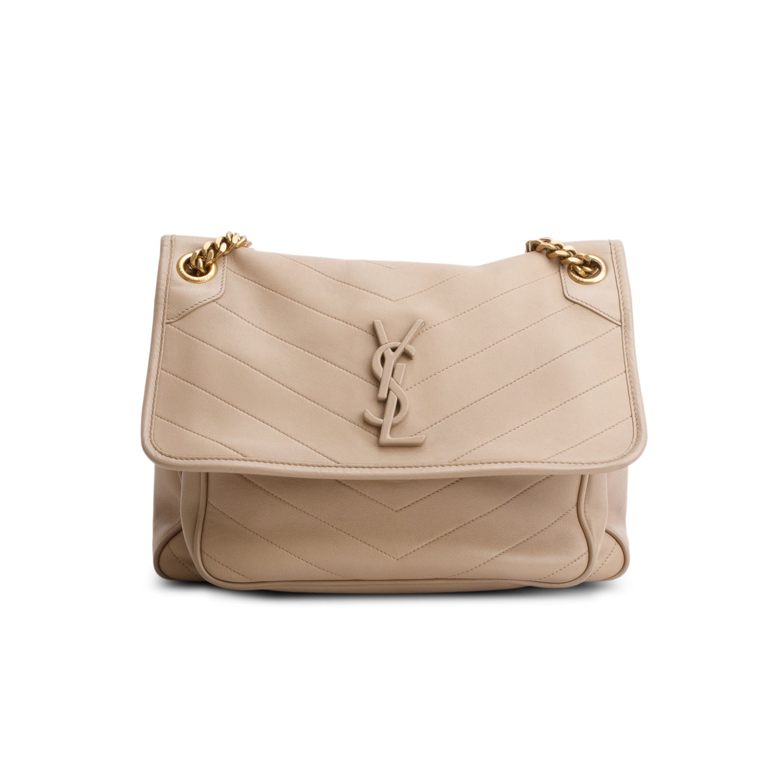 Saint Laurent 2022 Beige Lambskin Matelasse Monogram Medium Niki Chain Satchel