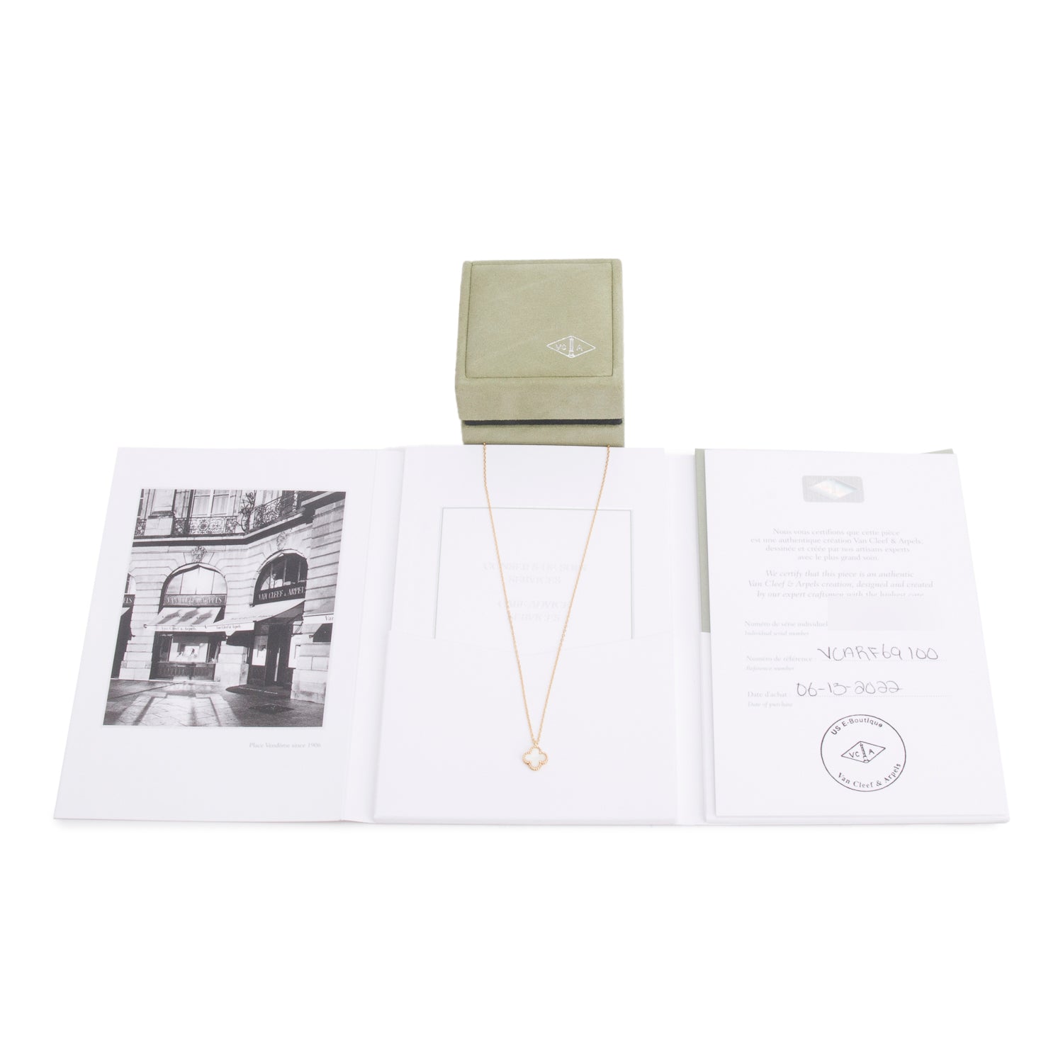 Van Cleef & Arpels 18k Yellow Gold Sweet Alhambra Mother of Pearl Pendant Necklace w/ Box & Certificate