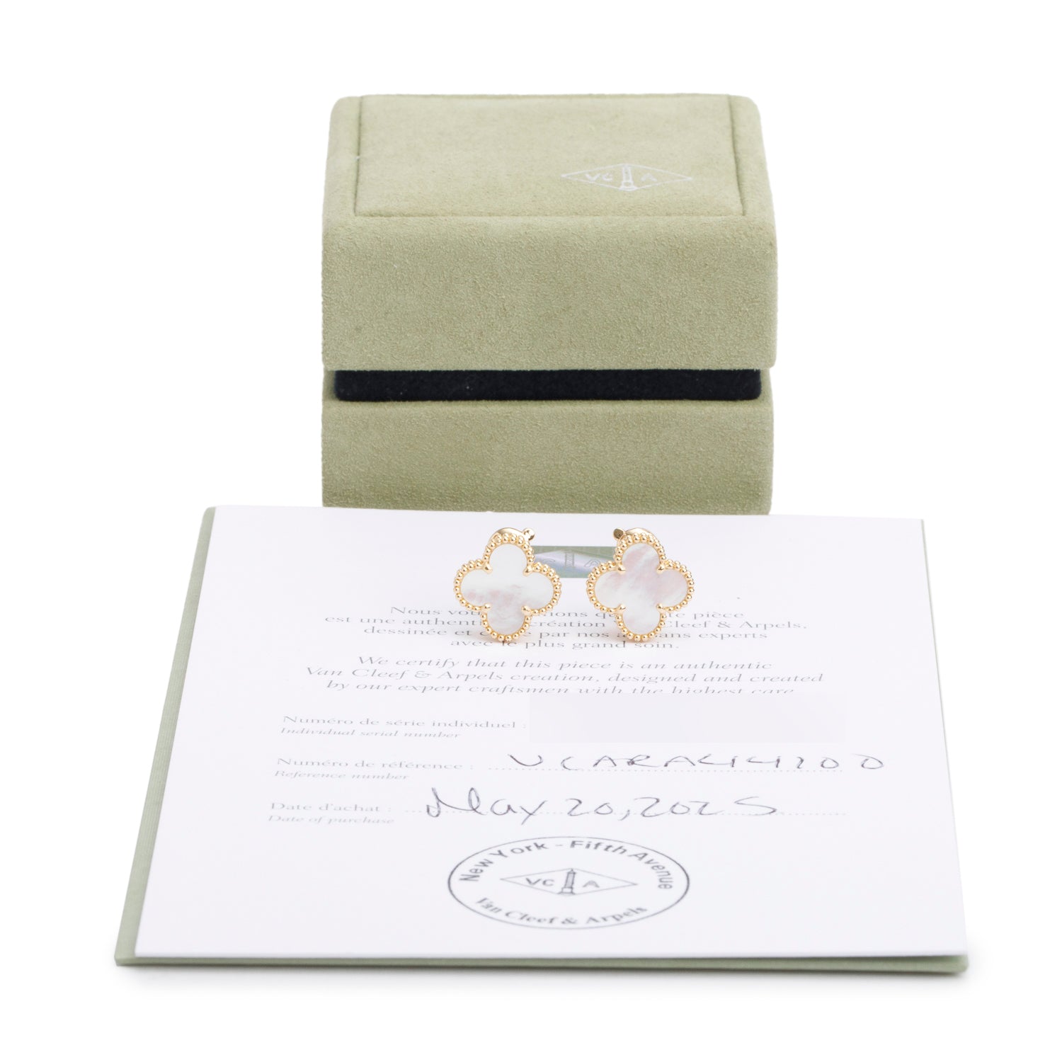 Van Cleef & Arpels 18k Yellow Gold Vintage Alhambra Mother of Pearl Stud Earrings w/ Box & Certificate