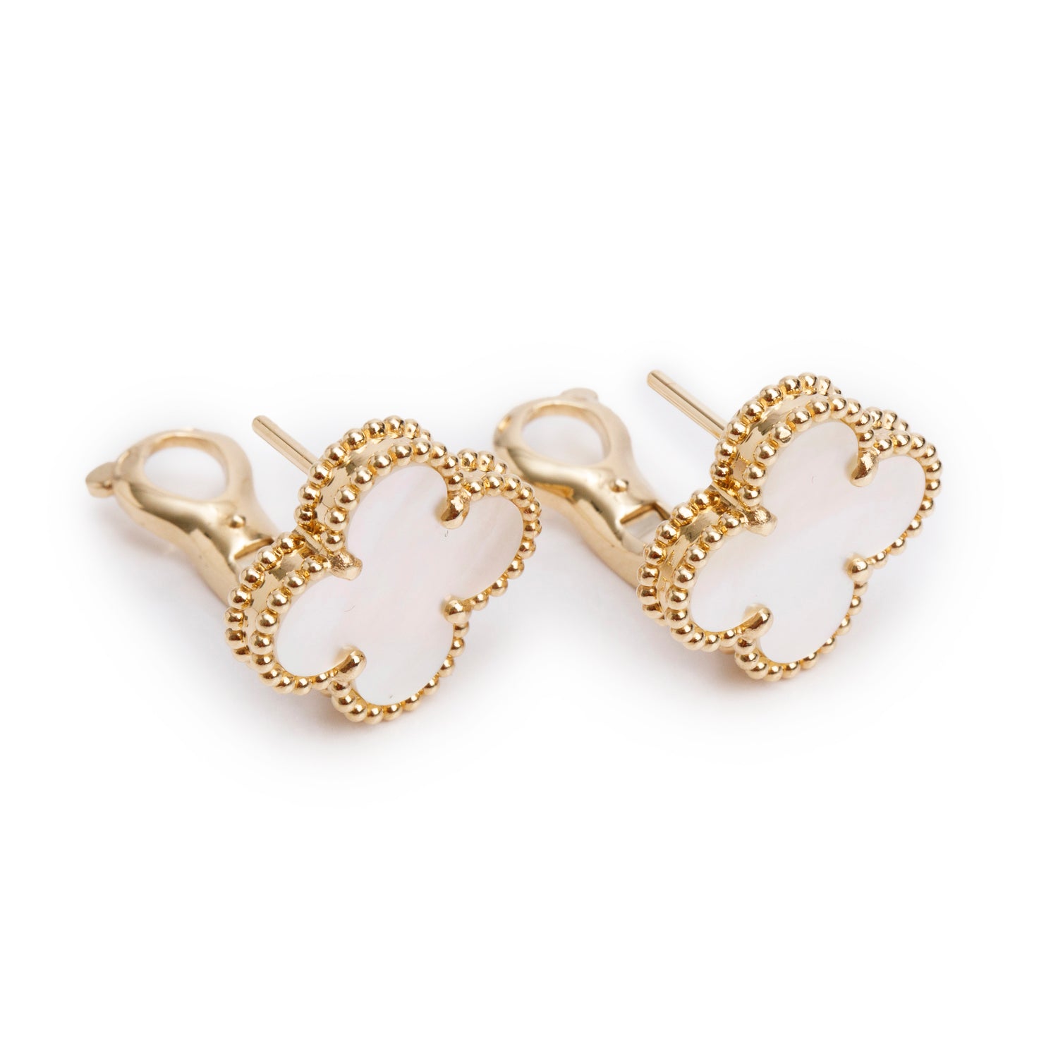 Van Cleef & Arpels 18k Yellow Gold Vintage Alhambra Mother of Pearl Stud Earrings w/ Box & Certificate