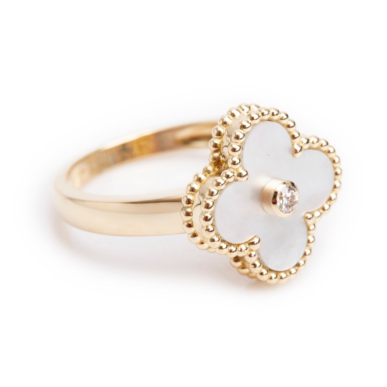 Van Cleef & Arpels 18k Yellow Gold Mother of Pearl & Diamond Vintage Alhambra Ring, Size 55 7.25 w/ Box