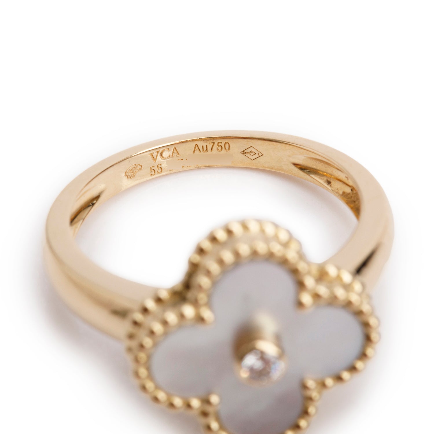 Van Cleef & Arpels 18k Yellow Gold Mother of Pearl & Diamond Vintage Alhambra Ring, Size 55 7.25 w/ Box
