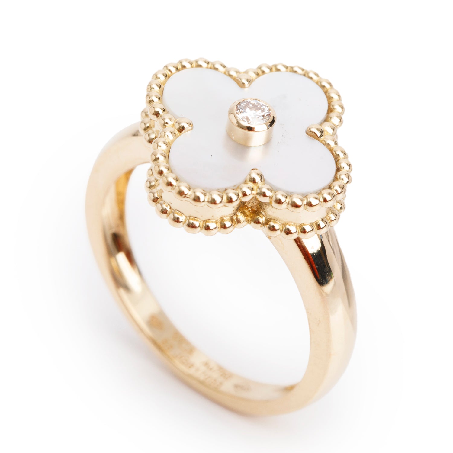 Van Cleef & Arpels 18k Yellow Gold Mother of Pearl & Diamond Vintage Alhambra Ring, Size 55 7.25 w/ Box