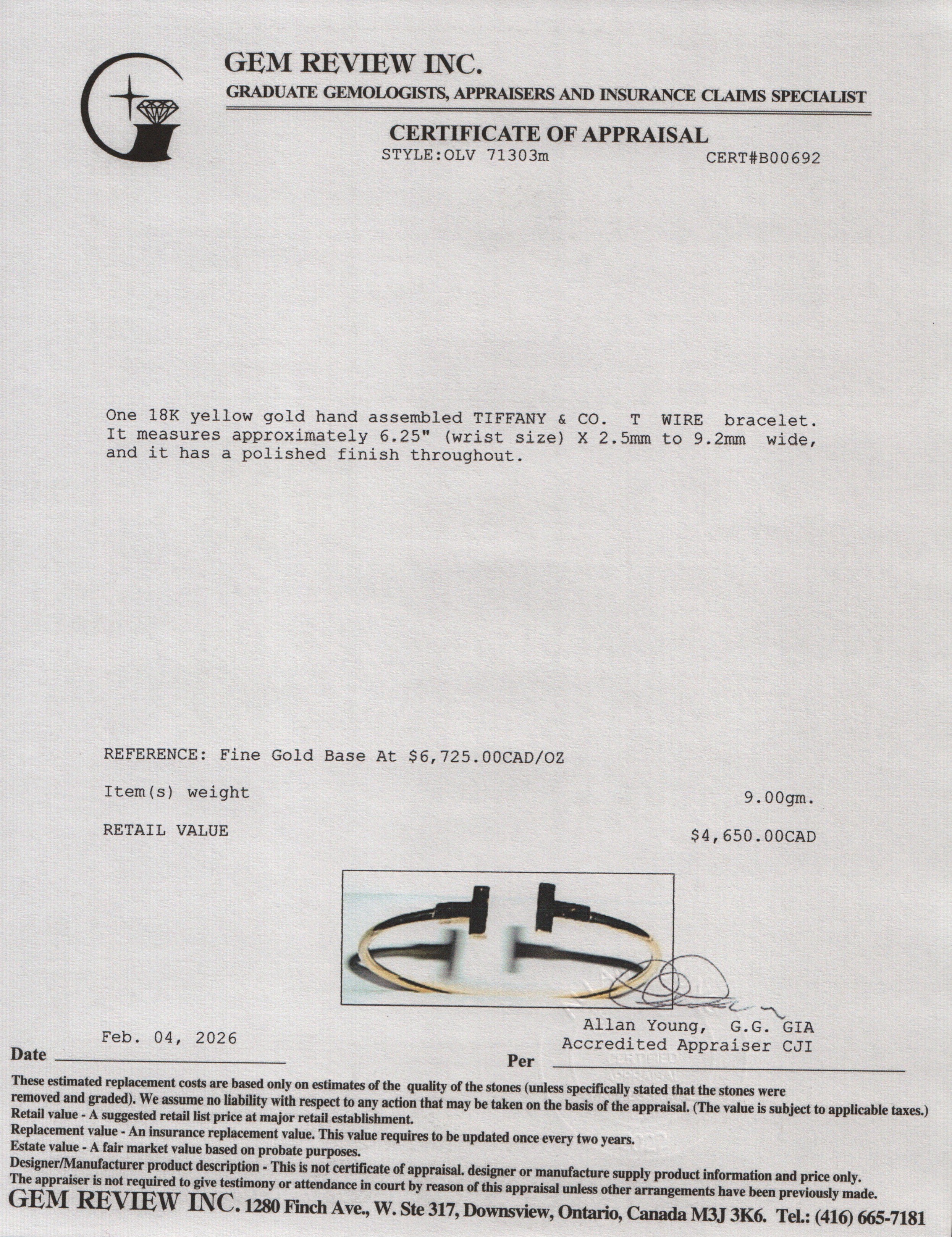 Tiffany & Co. 18k Yellow Gold T Wire Bracelet w/ Box