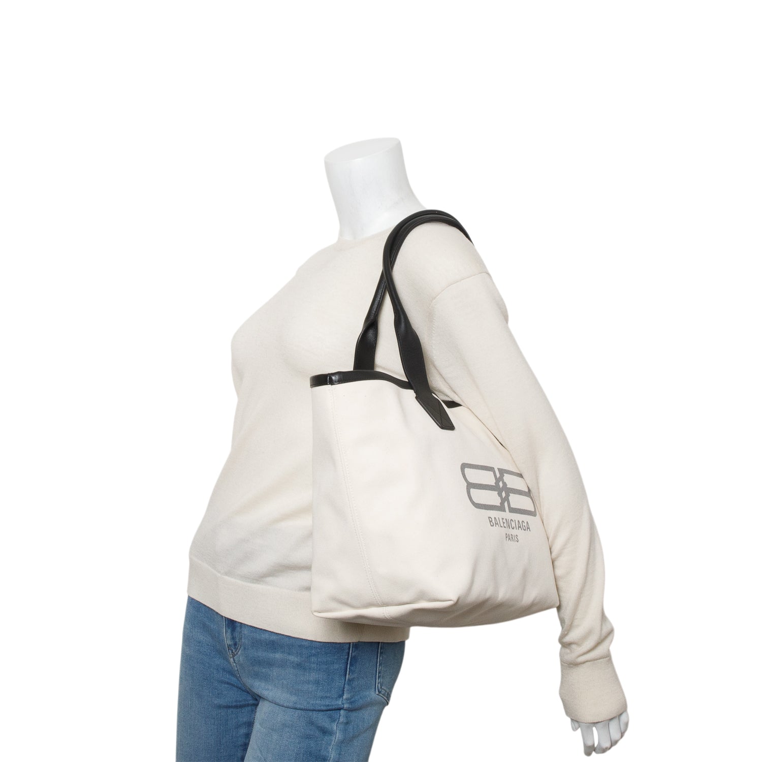 Balenciaga Cream Cotton Canvas Calfskin BB Logo Jumbo Large Tote