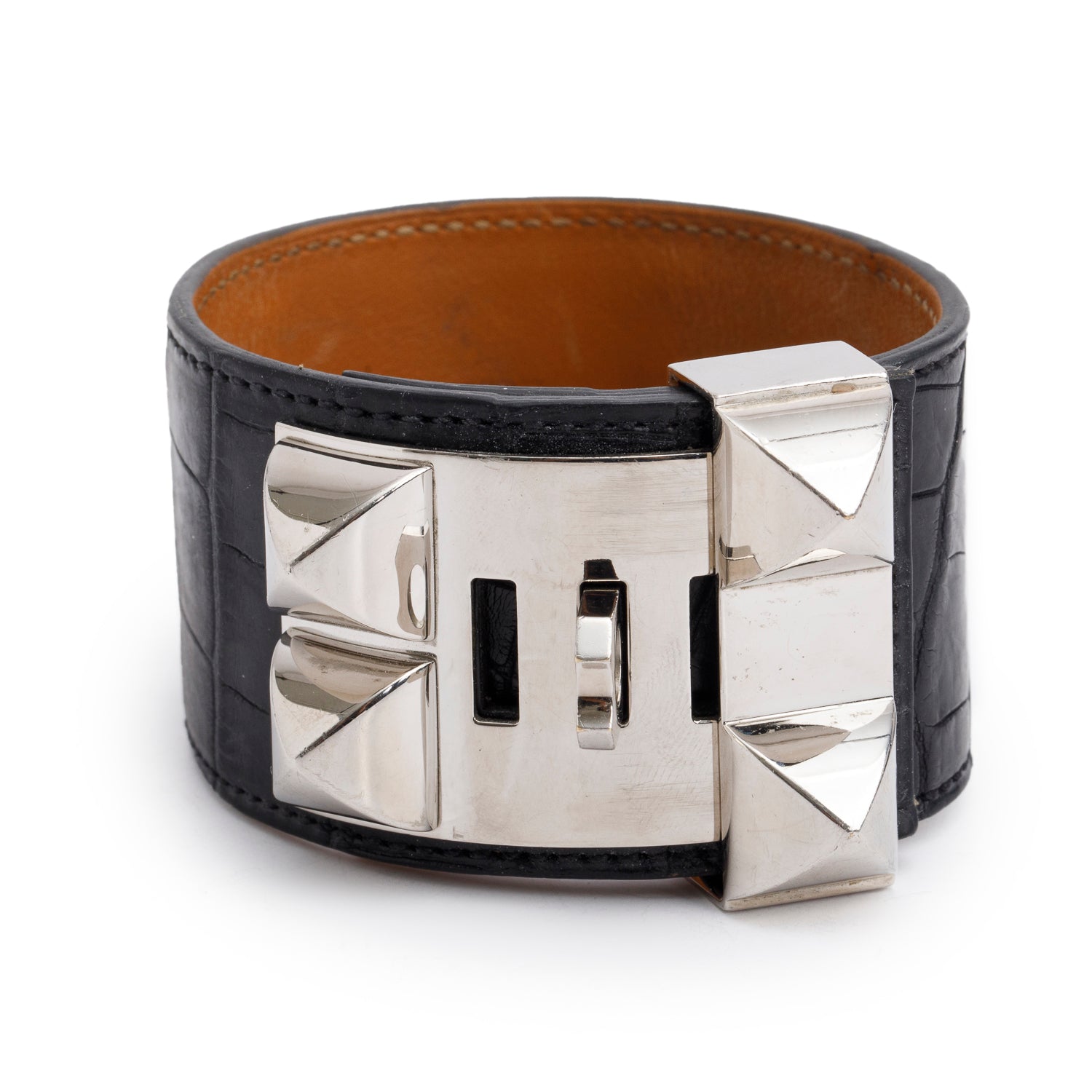 Hermes Palladium Plated Black Matte Alligator Collier de Chien Bracelet, Size L