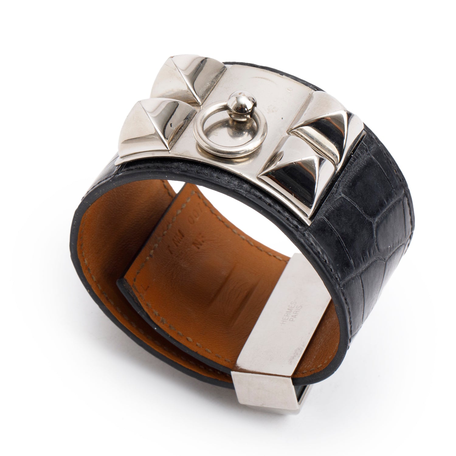 Hermes Palladium Plated Black Matte Alligator Collier de Chien Bracelet, Size L