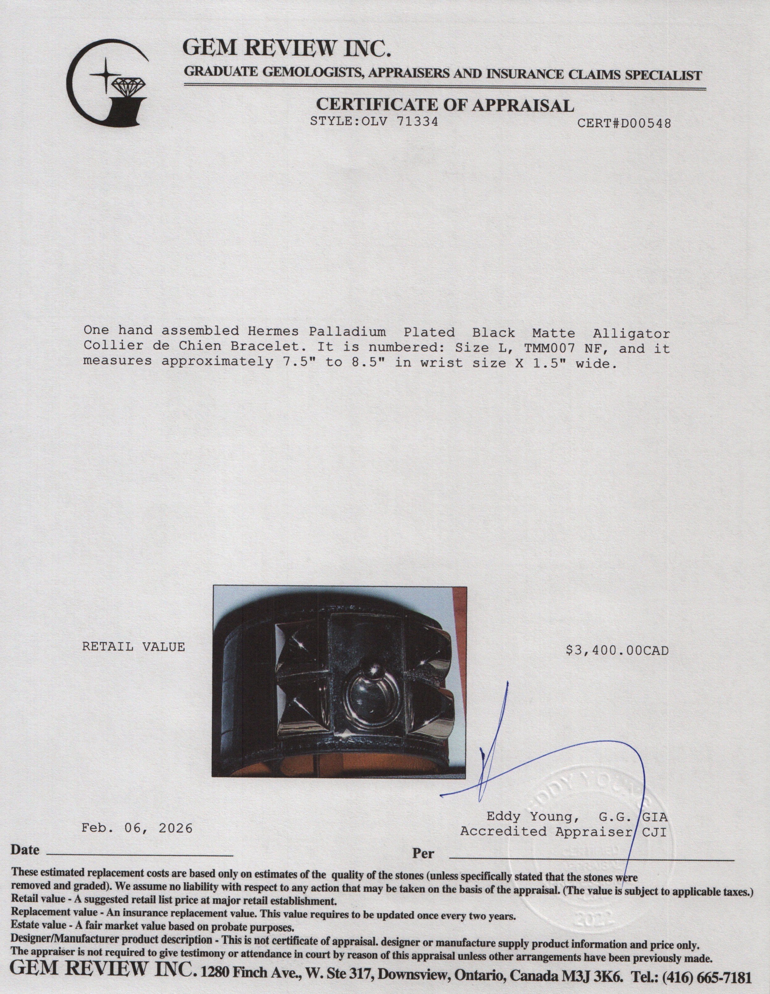 Hermes Palladium Plated Black Matte Alligator Collier de Chien Bracelet, Size L