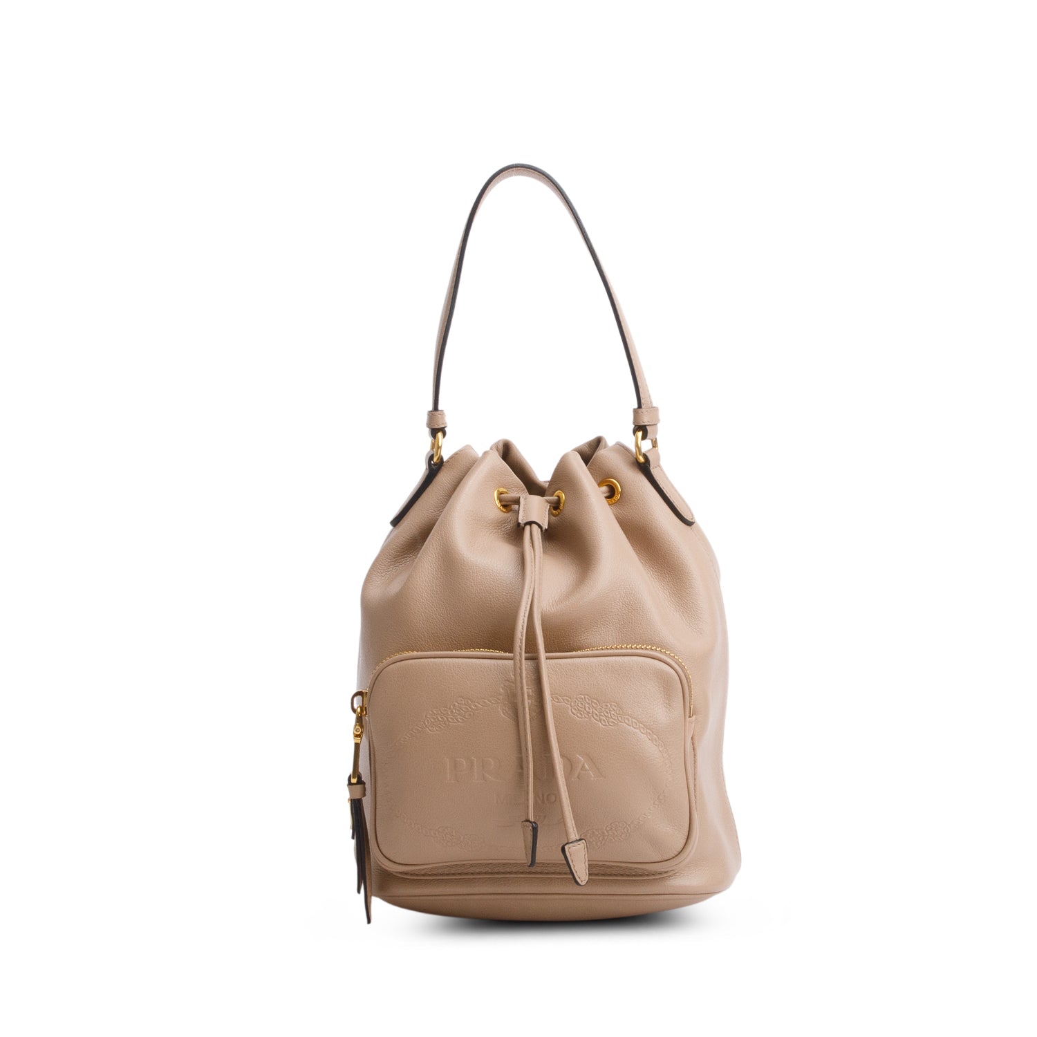 Prada Beige Glace Calf Leather Logo Mini Duet Bucket Bag w/ Strap