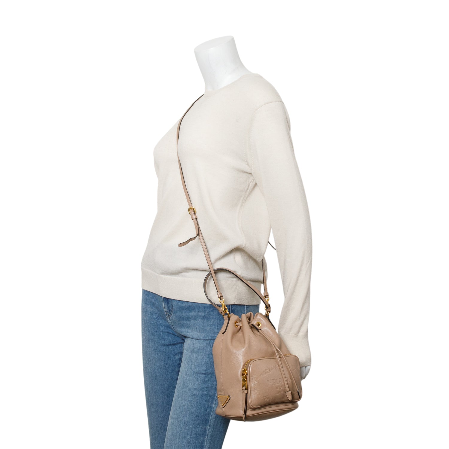 Prada Beige Glace Calf Leather Logo Mini Duet Bucket Bag w/ Strap