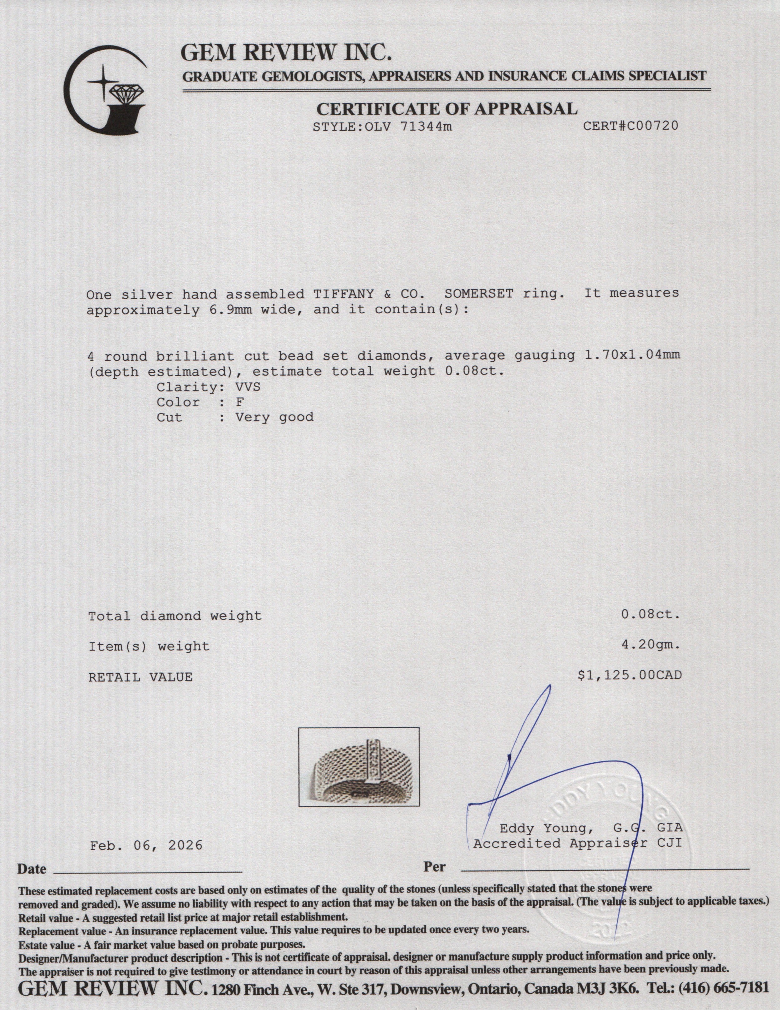 Tiffany & Co. Sterling Silver Diamond Somerset Ring, Size 6.25