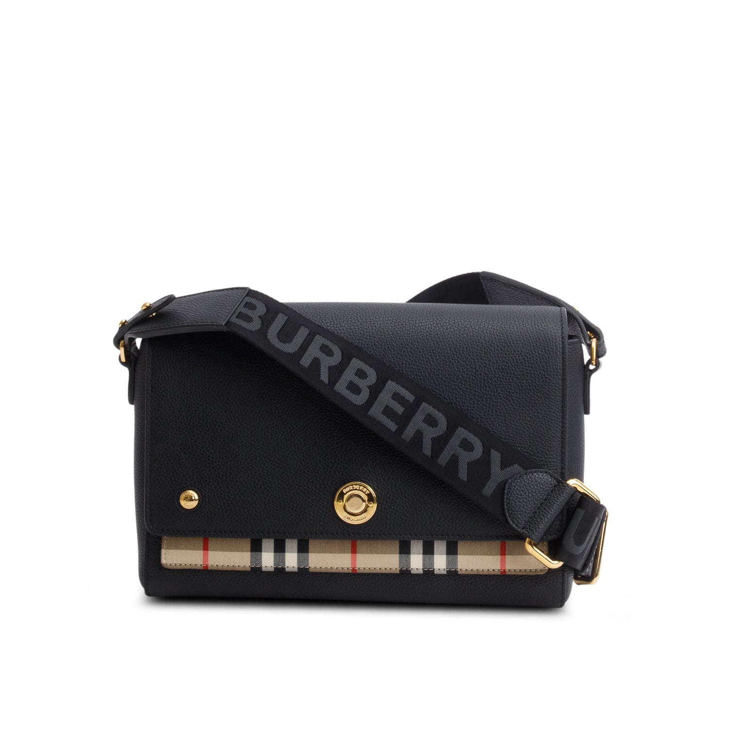 Burberry Black Coated Canvas Calfskin Vintage Check Medium Note Crossbody Bag