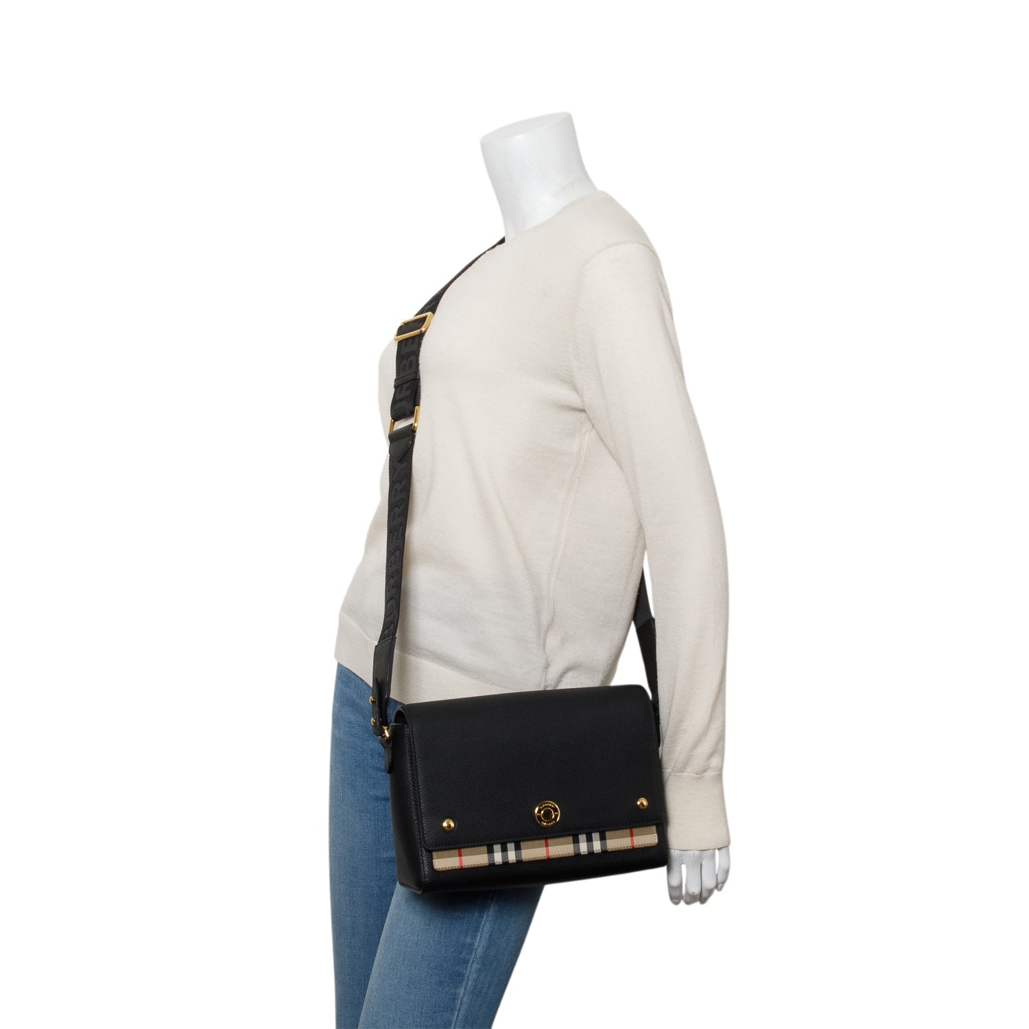 Burberry Black Coated Canvas Calfskin Vintage Check Medium Note Crossbody Bag