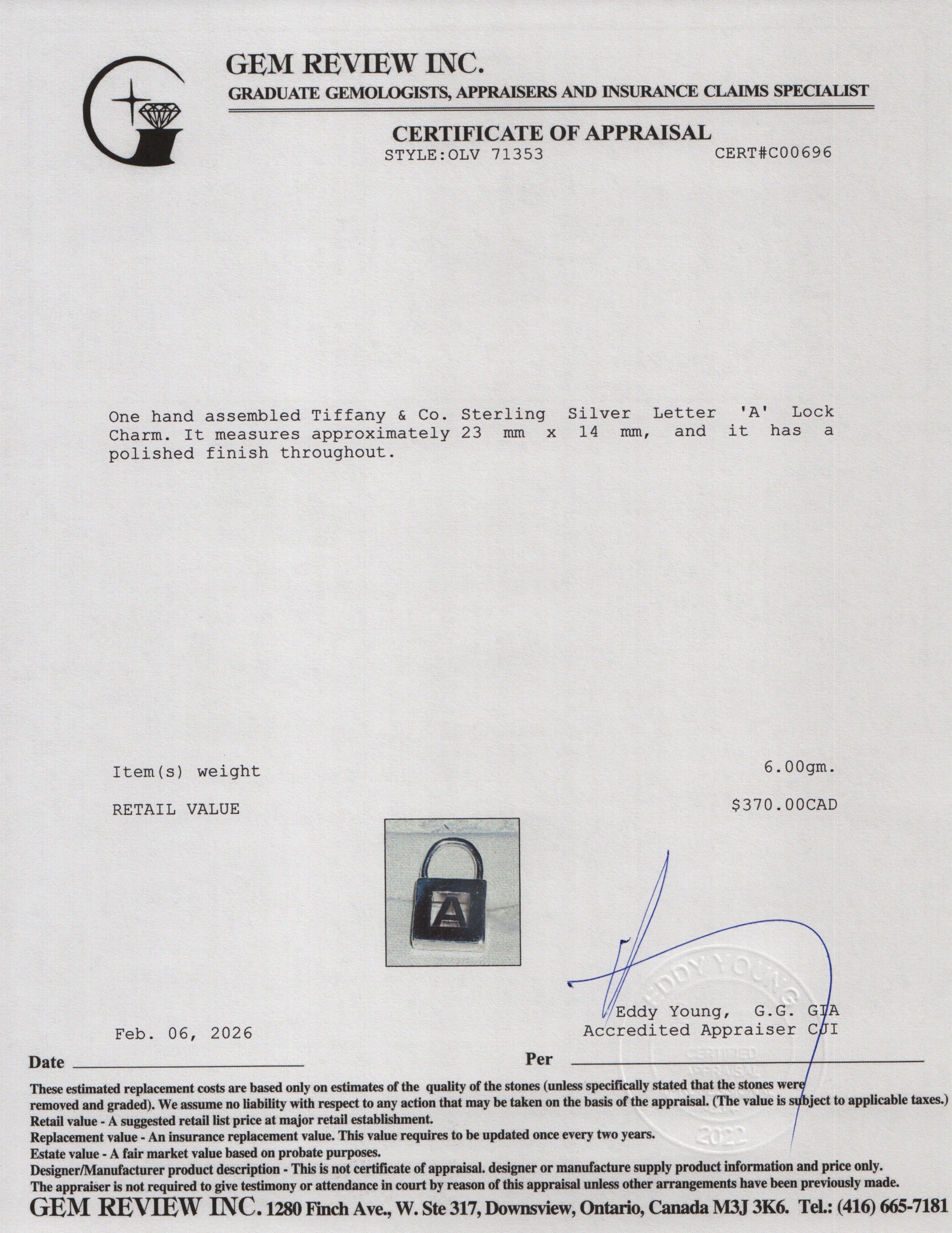 Tiffany & Co. Sterling Silver Letter 'A' Lock Charm