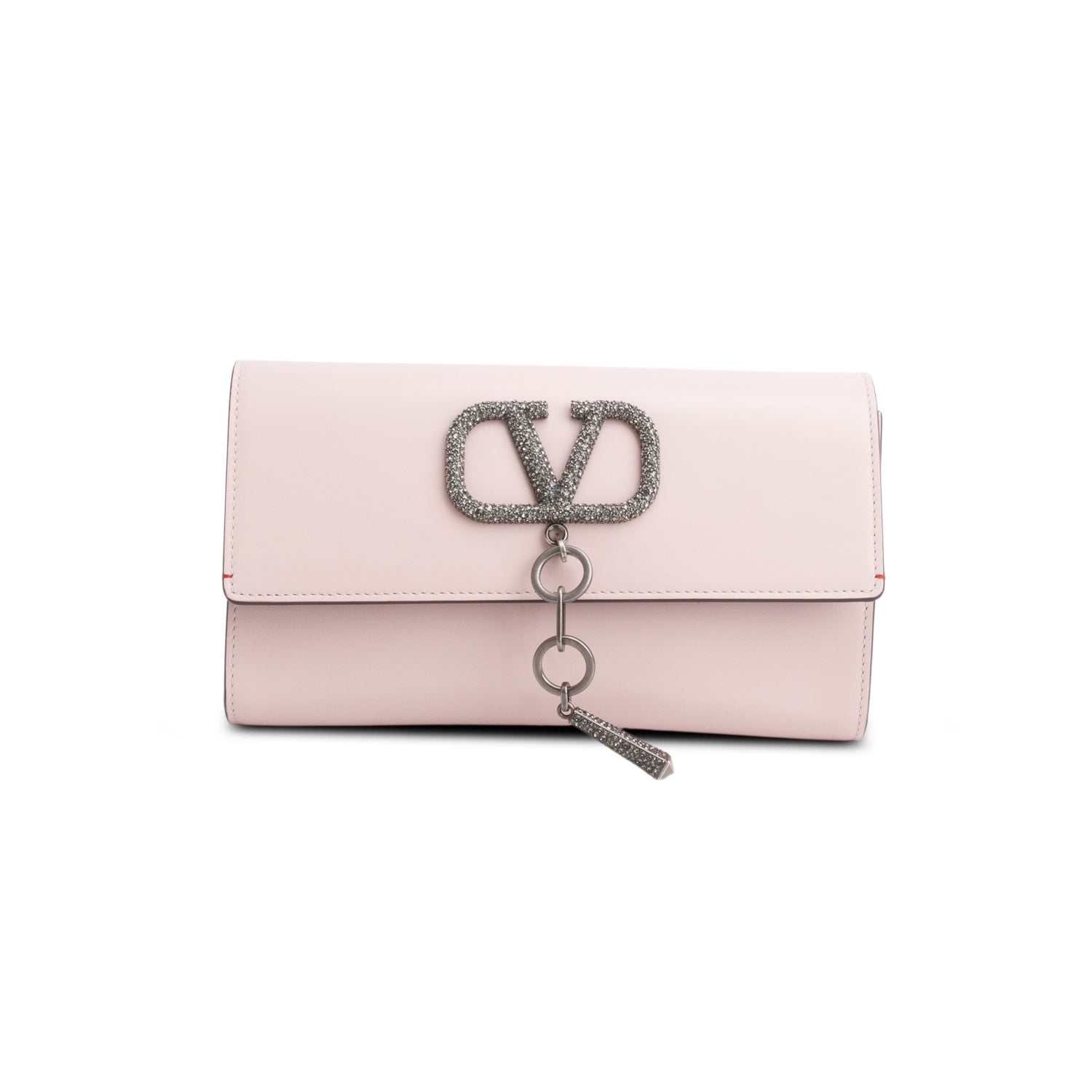 Valentino Pink Shiny Calfskin VLogo Crystal Clutch w/ Strap