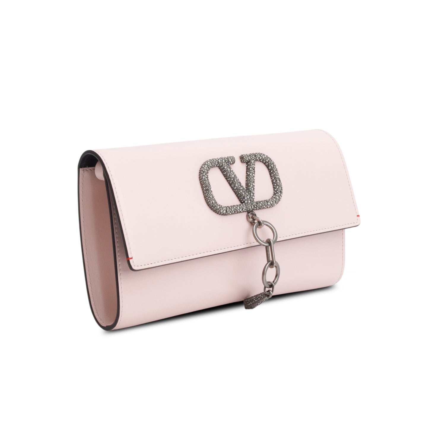 Valentino Pink Shiny Calfskin VLogo Crystal Clutch w/ Strap