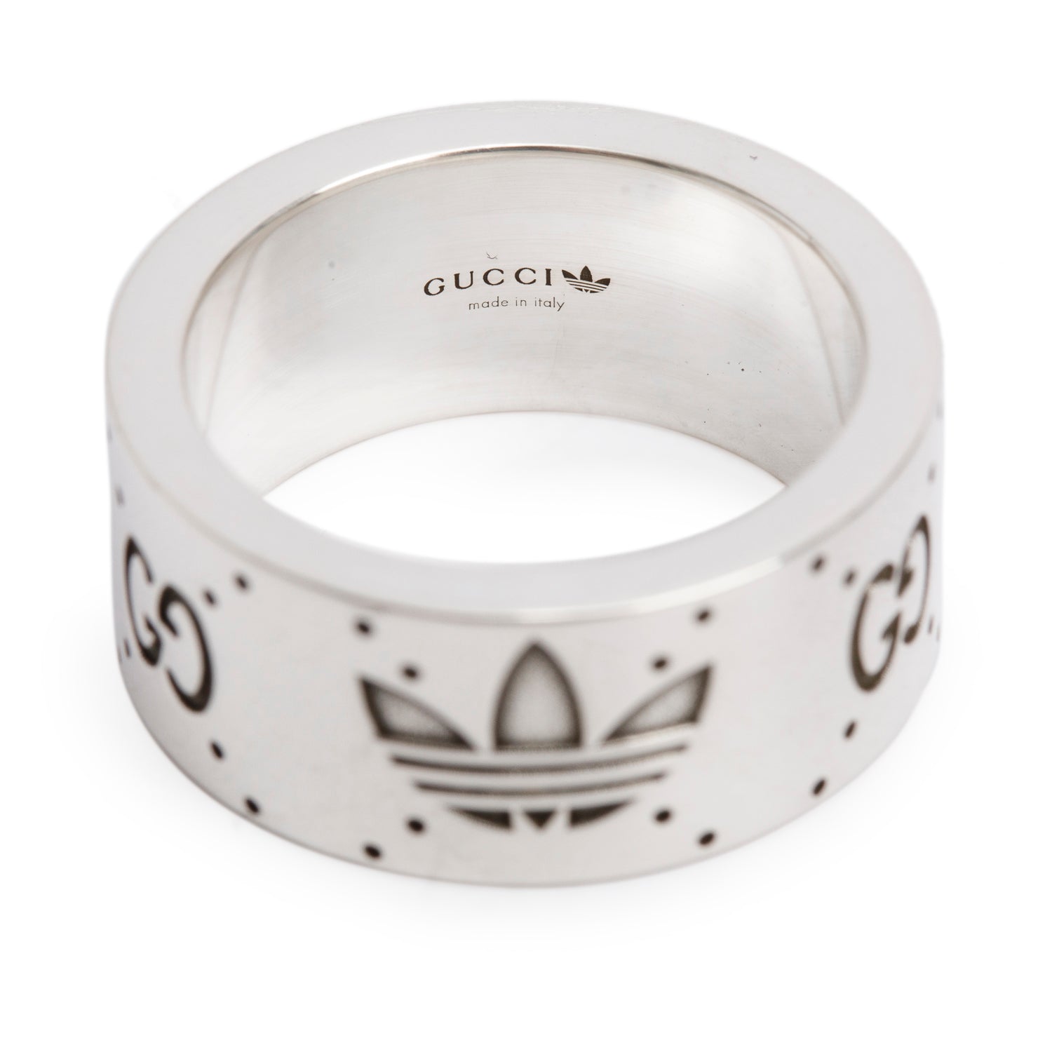 Gucci x Adidas Sterling Silver Engraved GG Wide 9 MM Band Ring, Size 14 6.5 w/ Box