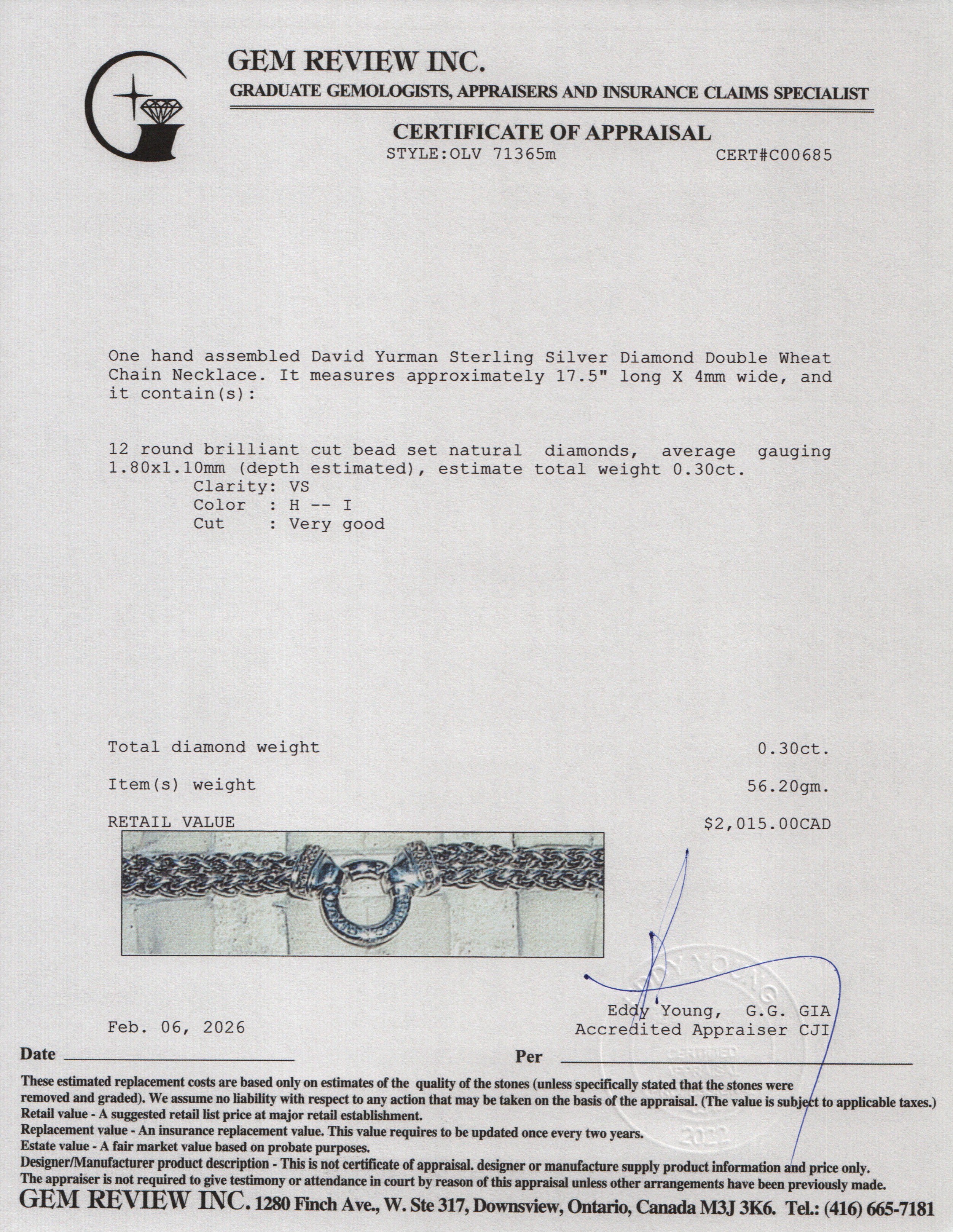 David Yurman Sterling Silver Diamond Double Wheat Chain Necklace w/ Box