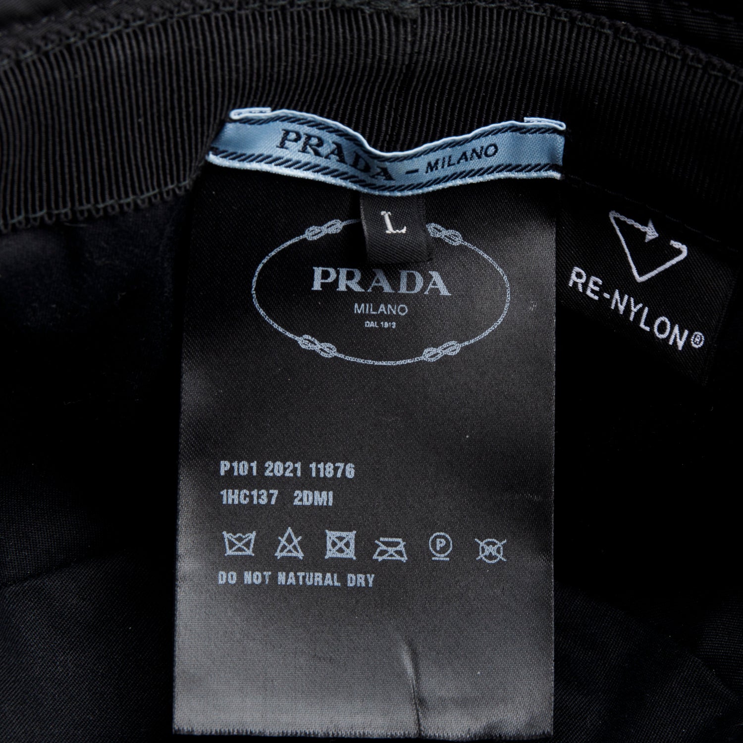 Prada Black Re-Nylon Metal Triangle Logo Bucket Hat, Size L