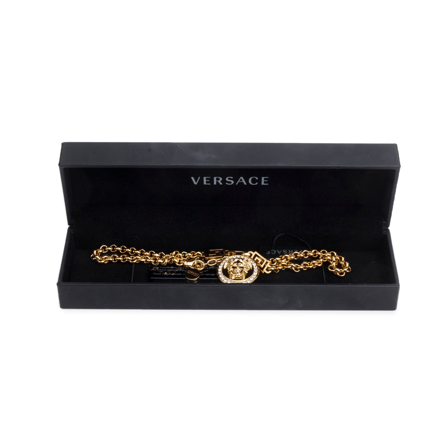 Versace Gold Plated Crystal La Medusa Greca Pendant Necklace w/ Box