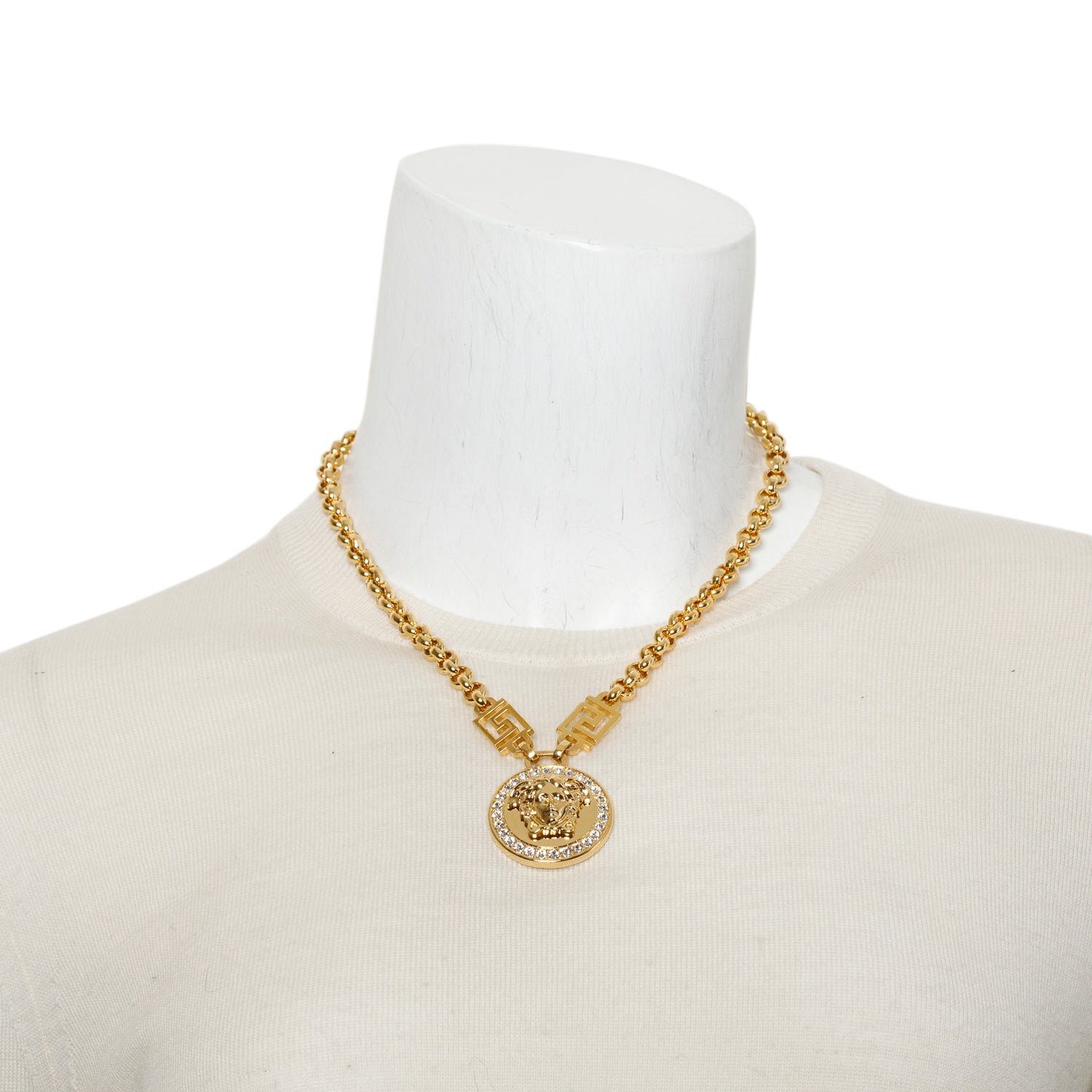 Versace Gold Plated Crystal La Medusa Greca Pendant Necklace w/ Box