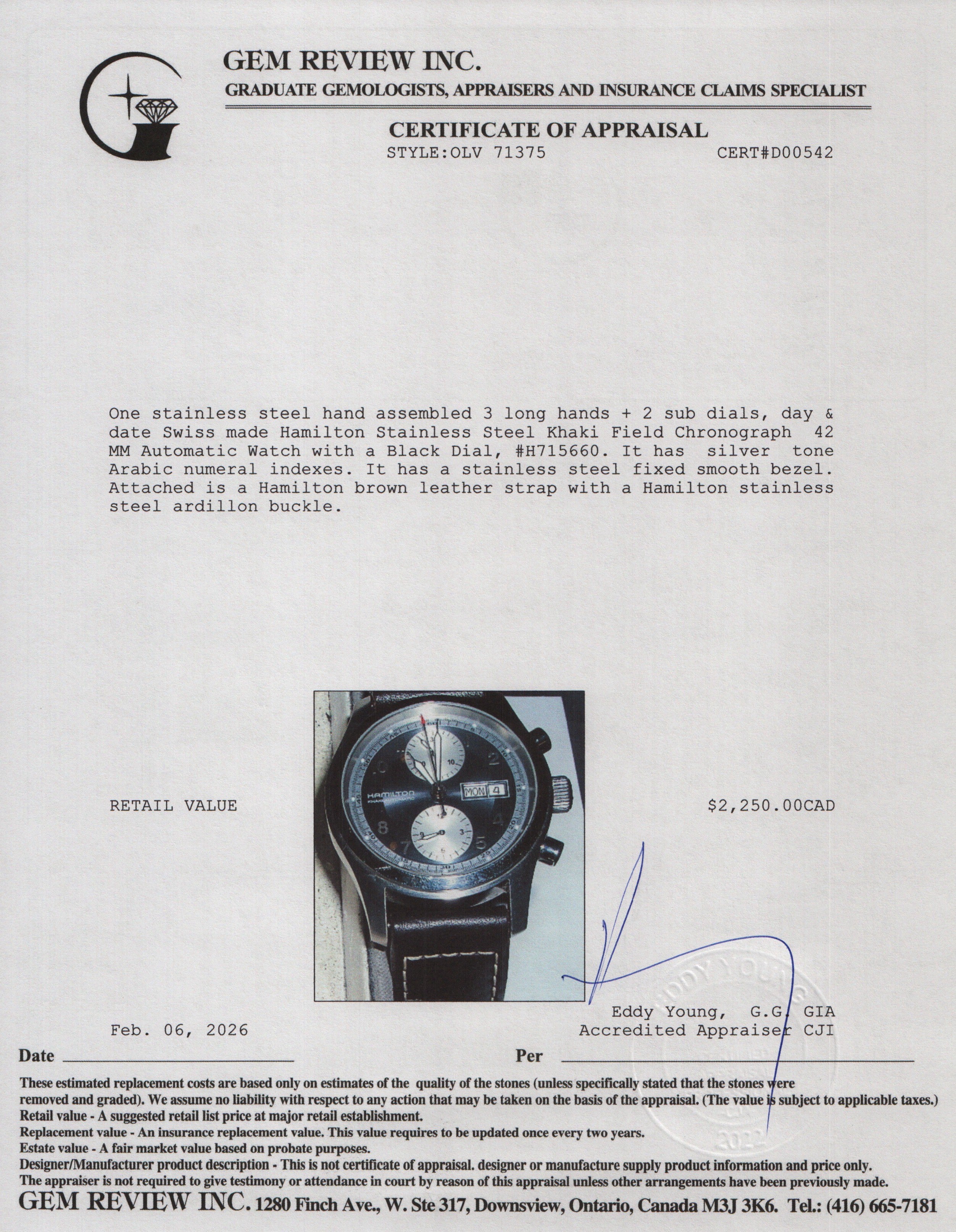 Hamilton Stainless Steel Khaki Field Chronograph 42 MM Automatic Watch Black Dial, H715660 w/ Box