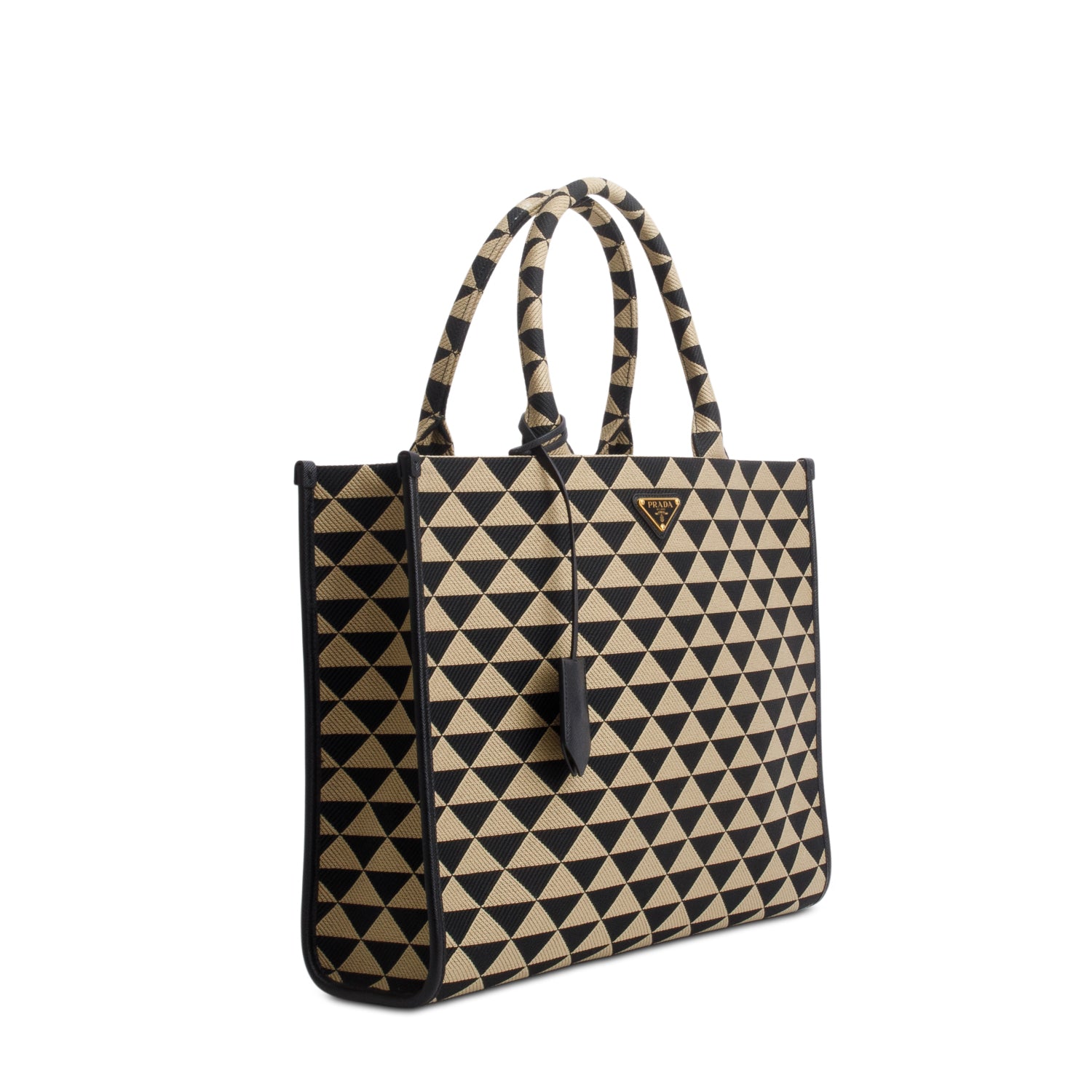 Prada Brown Black Jacquard Triangolo Symbole Embroidered Large Tote