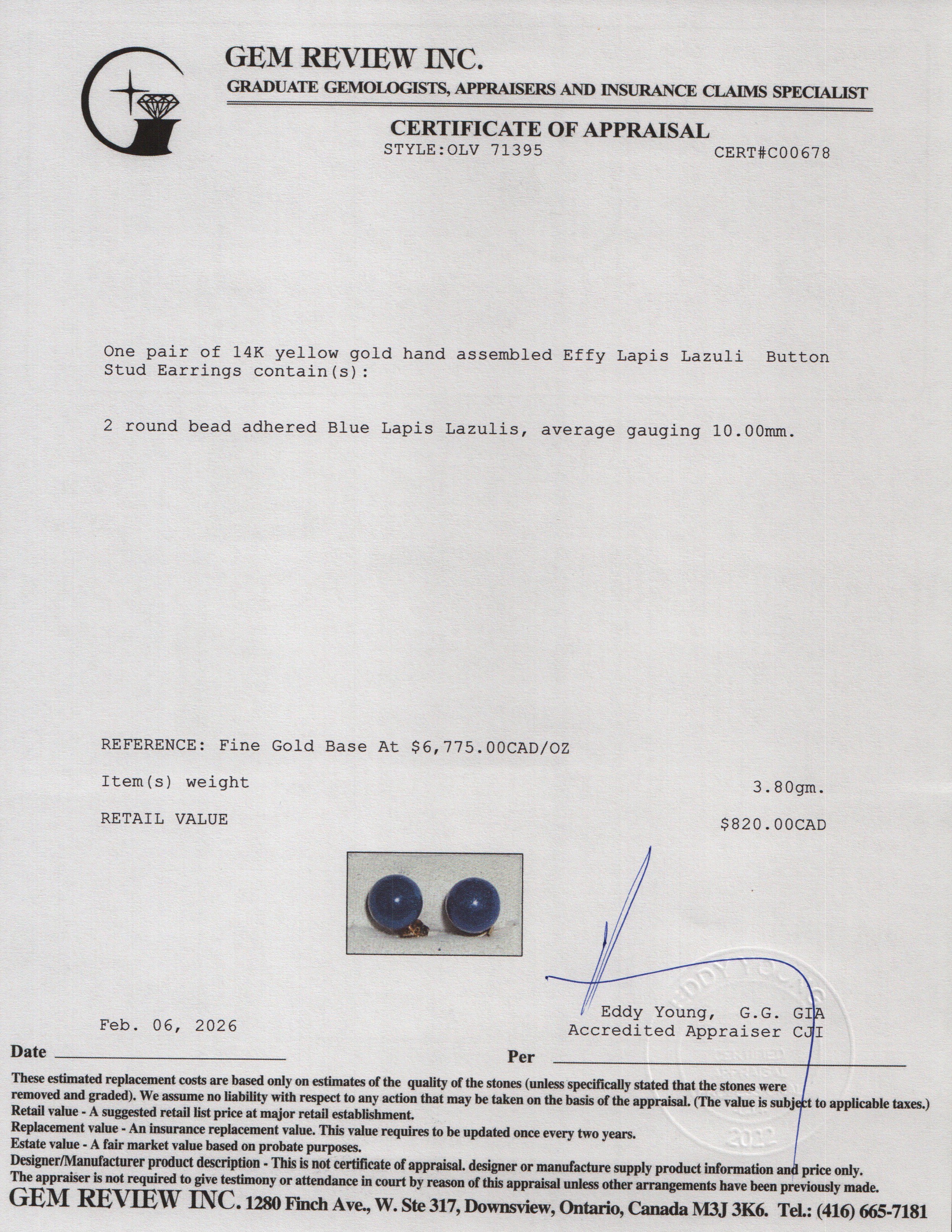 Effy 14k Yellow Gold Lapis Lazuli 10MM Button Stud Earrings w/ Box