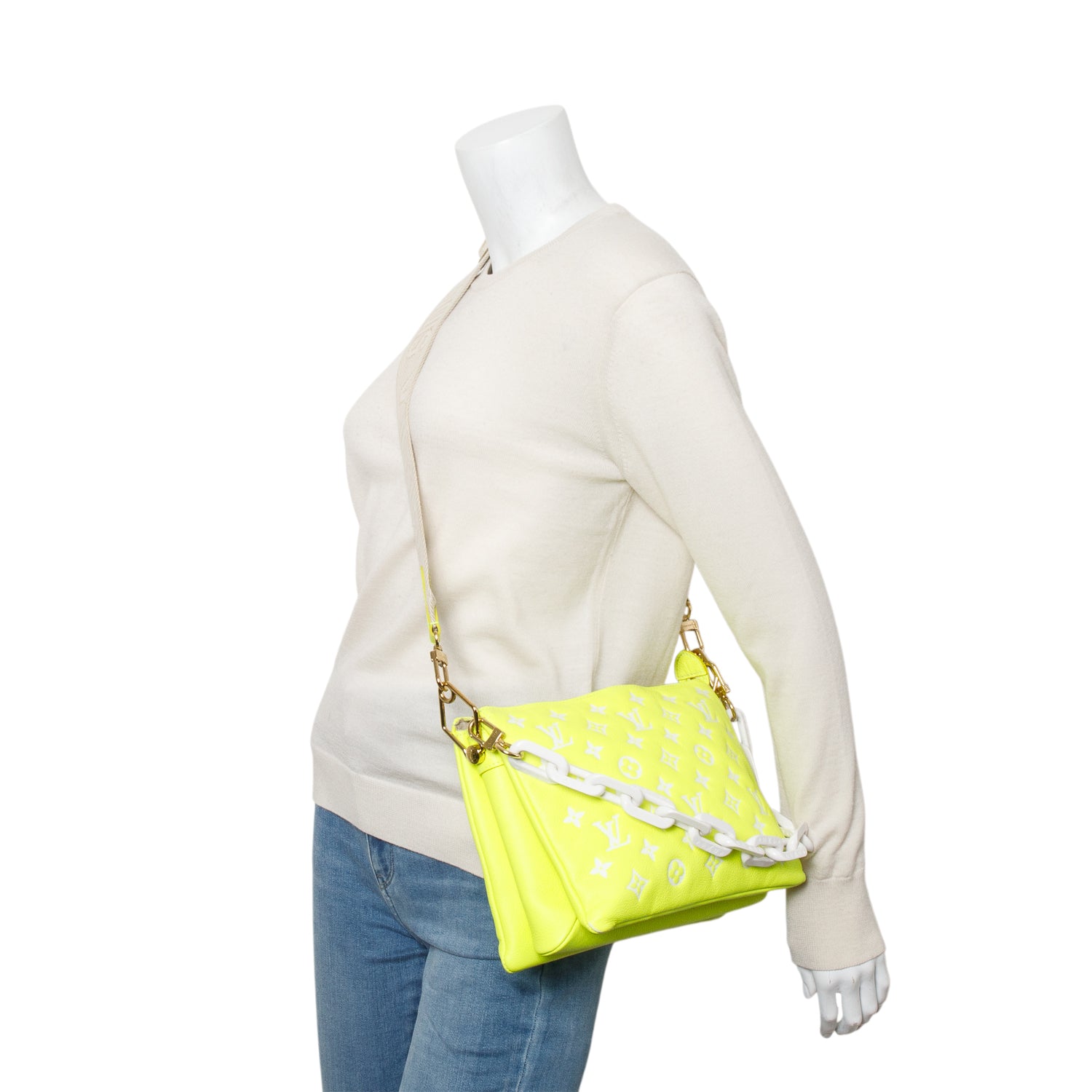 Louis Vuitton Neon Yellow Monogram Embossed Lambskin Leather Coussin PM w/ Straps
