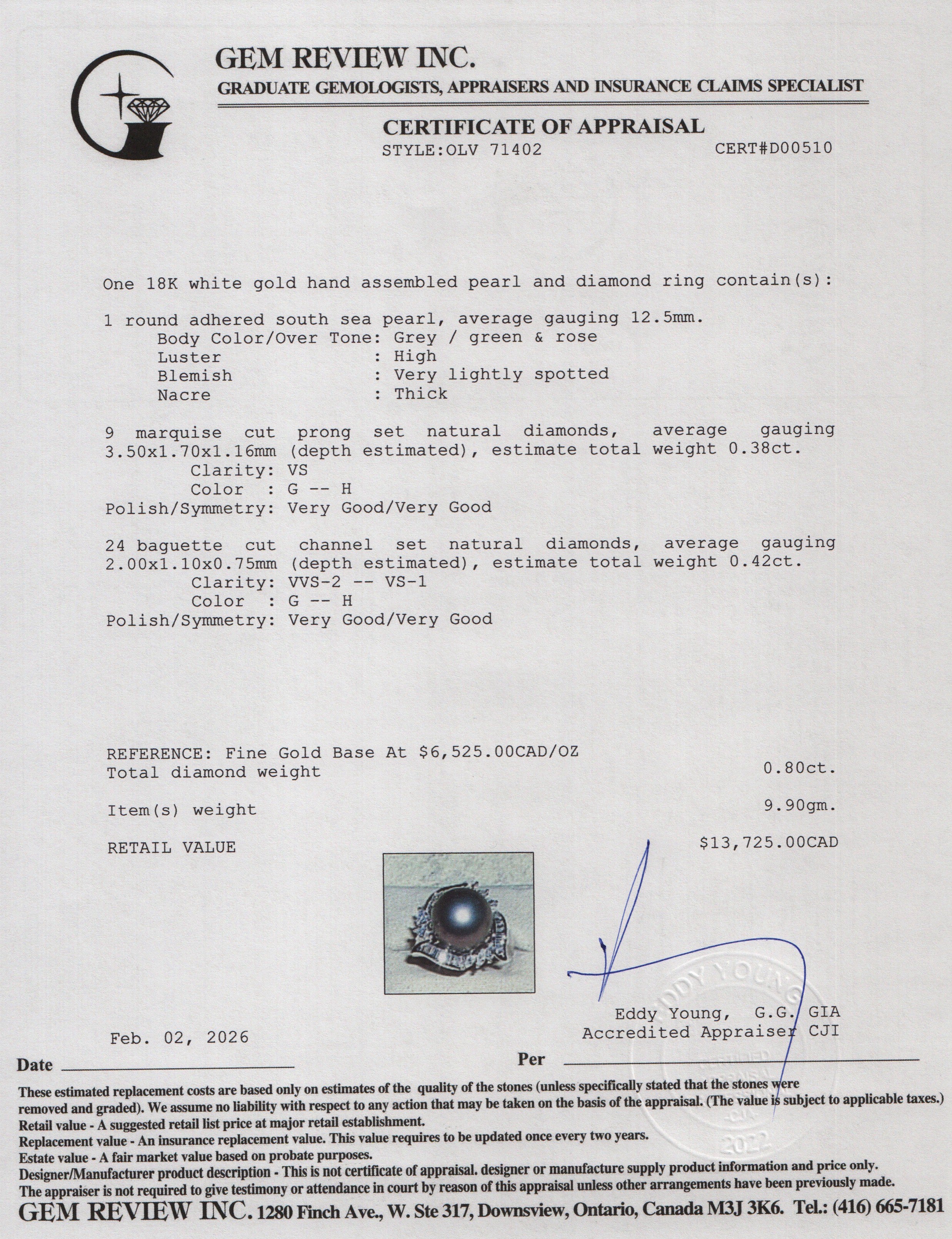 18k White Gold South Sea Pearl & Diamond Ring, Size 6