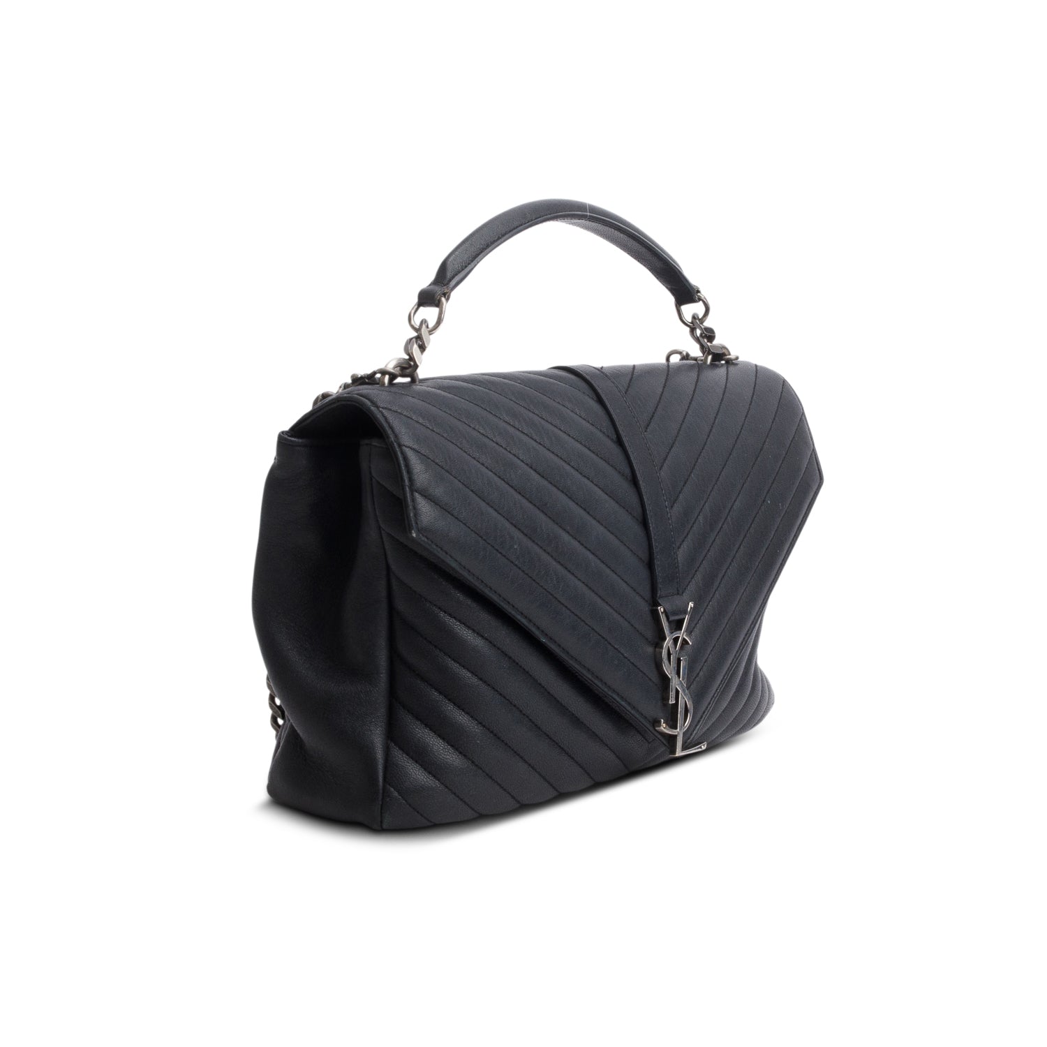 Saint Laurent Black Sheepskin Chevron Monogram Large College Satchel