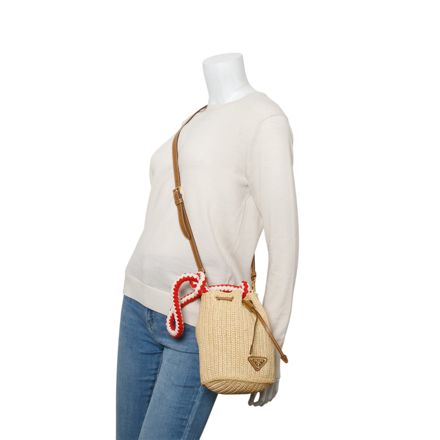 Prada Beige Crochet Mini Bucket Bag w/ Strap