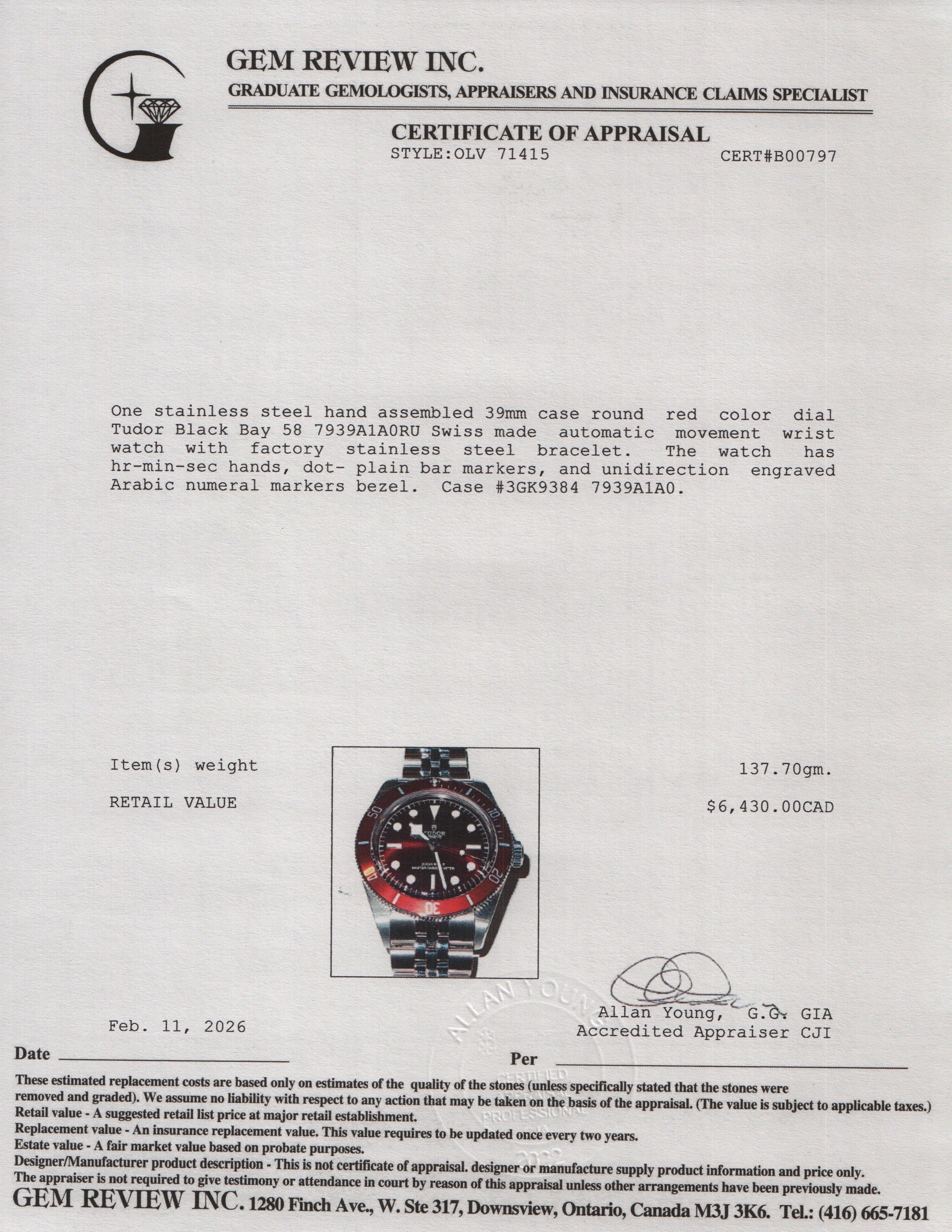 Tudor 2025 Stainless Steel Black Bay 58 39 MM Automatic Watch Red Dial 7939A1A0RU w/ Box & Papers