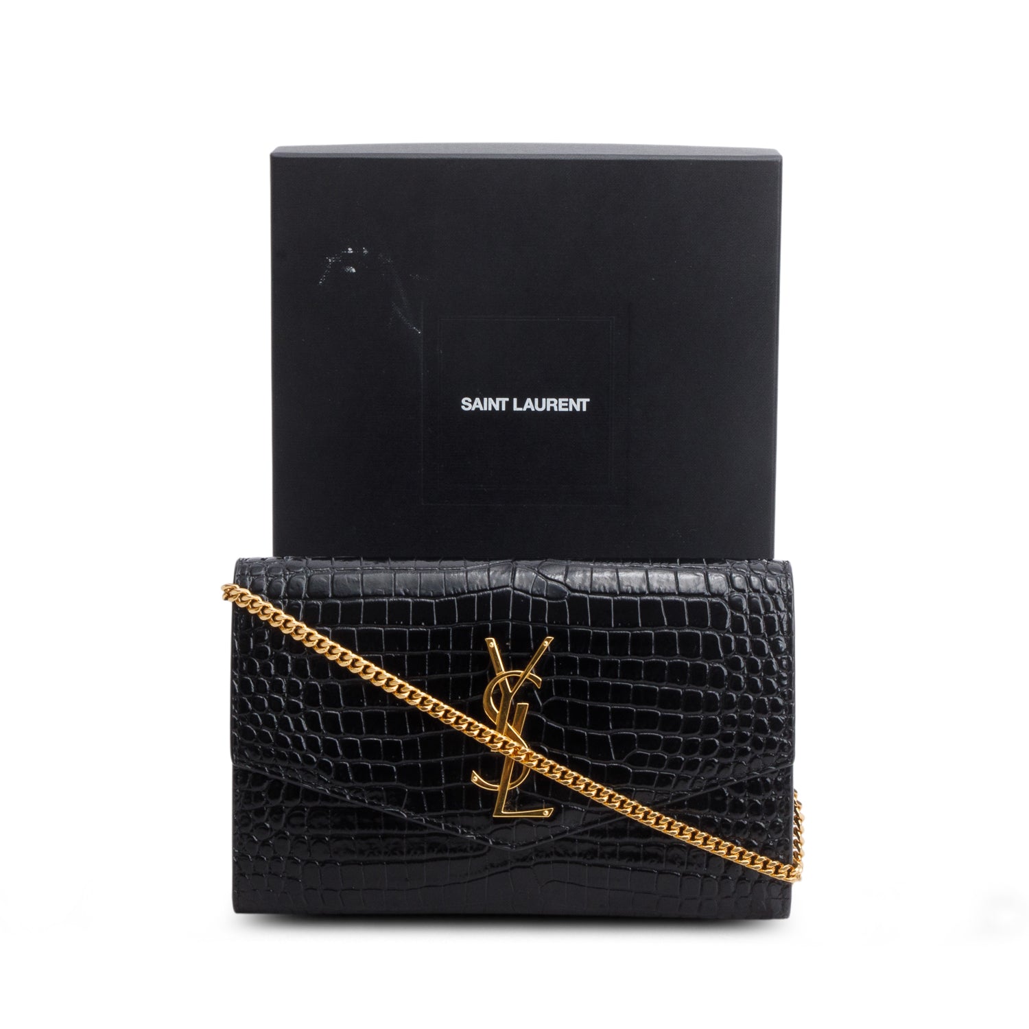 Saint Laurent 2022 Black Calfskin Croc Embossed Monogram Uptown Chain Wallet w/ Box