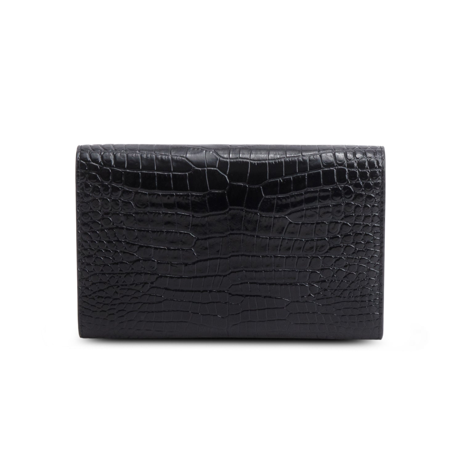 Saint Laurent 2022 Black Calfskin Croc Embossed Monogram Uptown Chain Wallet w/ Box