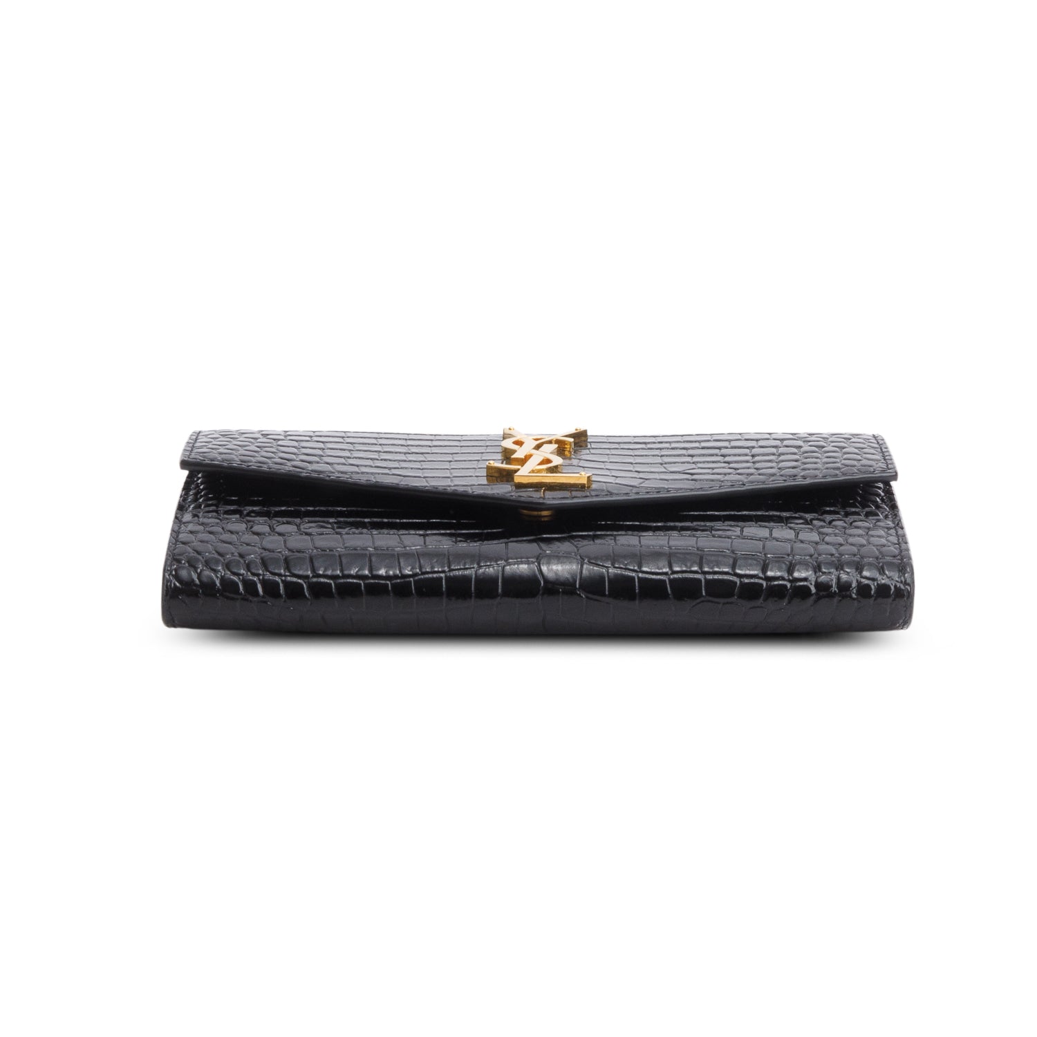 Saint Laurent 2022 Black Calfskin Croc Embossed Monogram Uptown Chain Wallet w/ Box