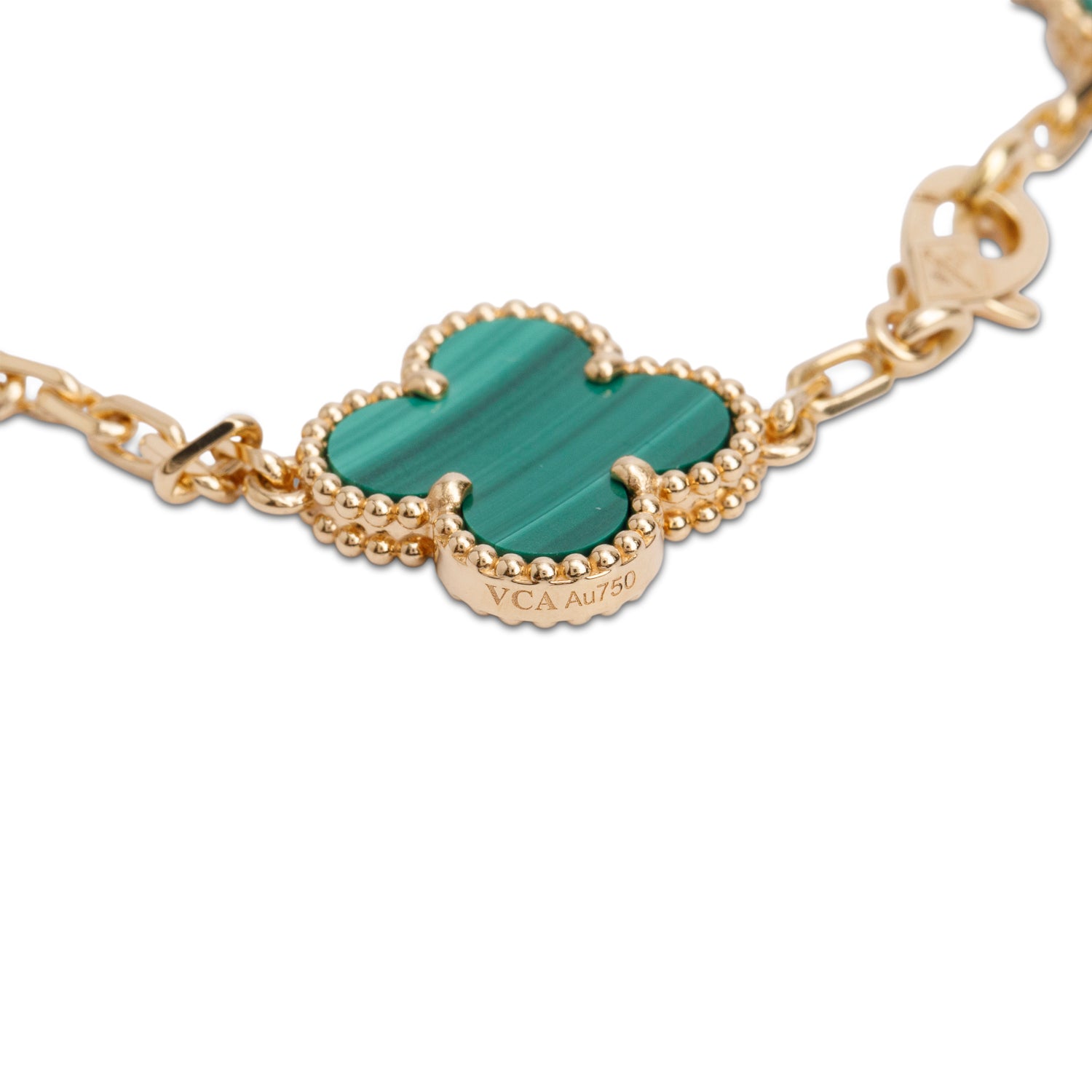 Van Cleef & Arpels 2024 18k Yellow Gold Vintage 5 Motif Malachite Bracelet w/ Box & Certificate