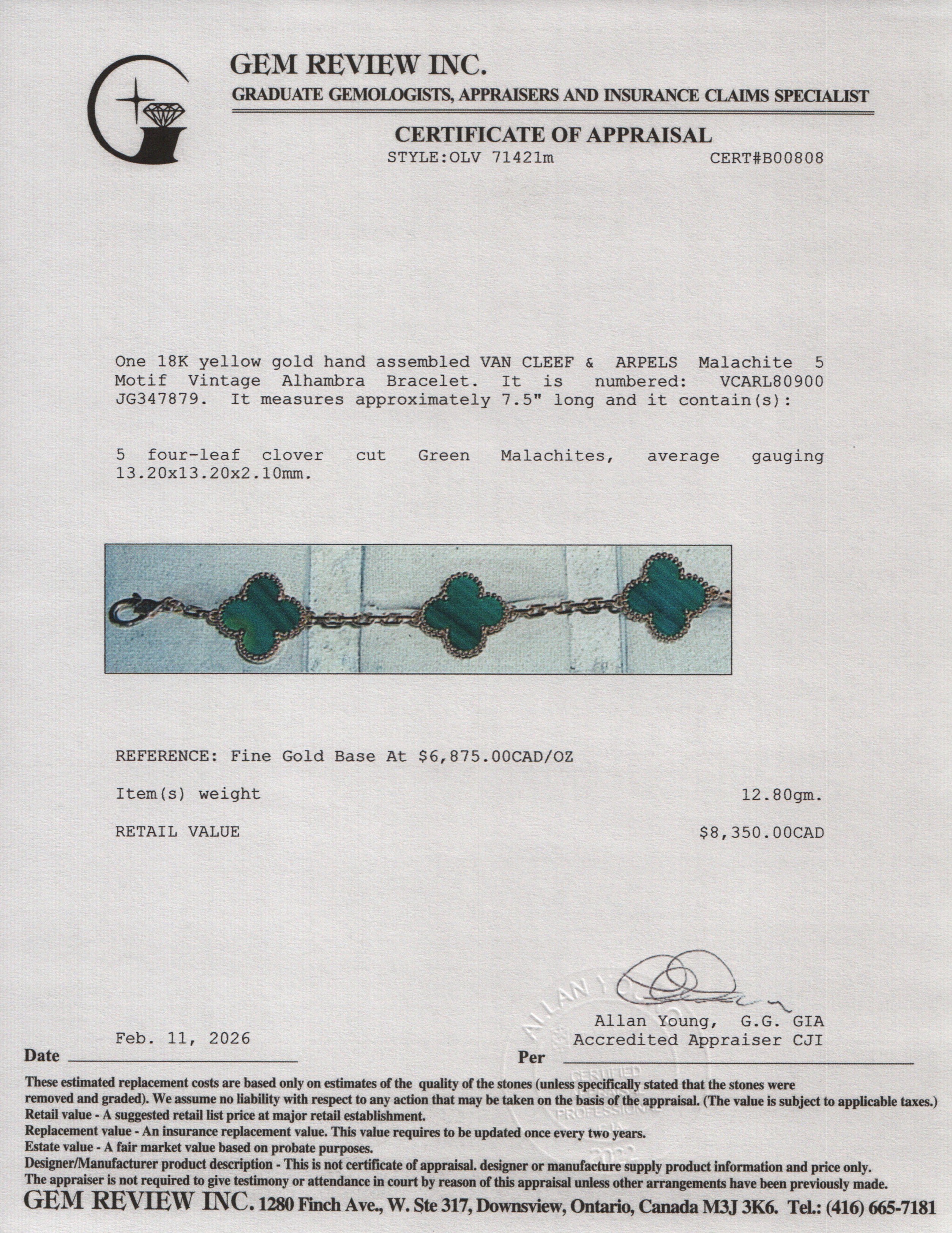 Van Cleef & Arpels 2024 18k Yellow Gold Vintage 5 Motif Malachite Bracelet w/ Box & Certificate