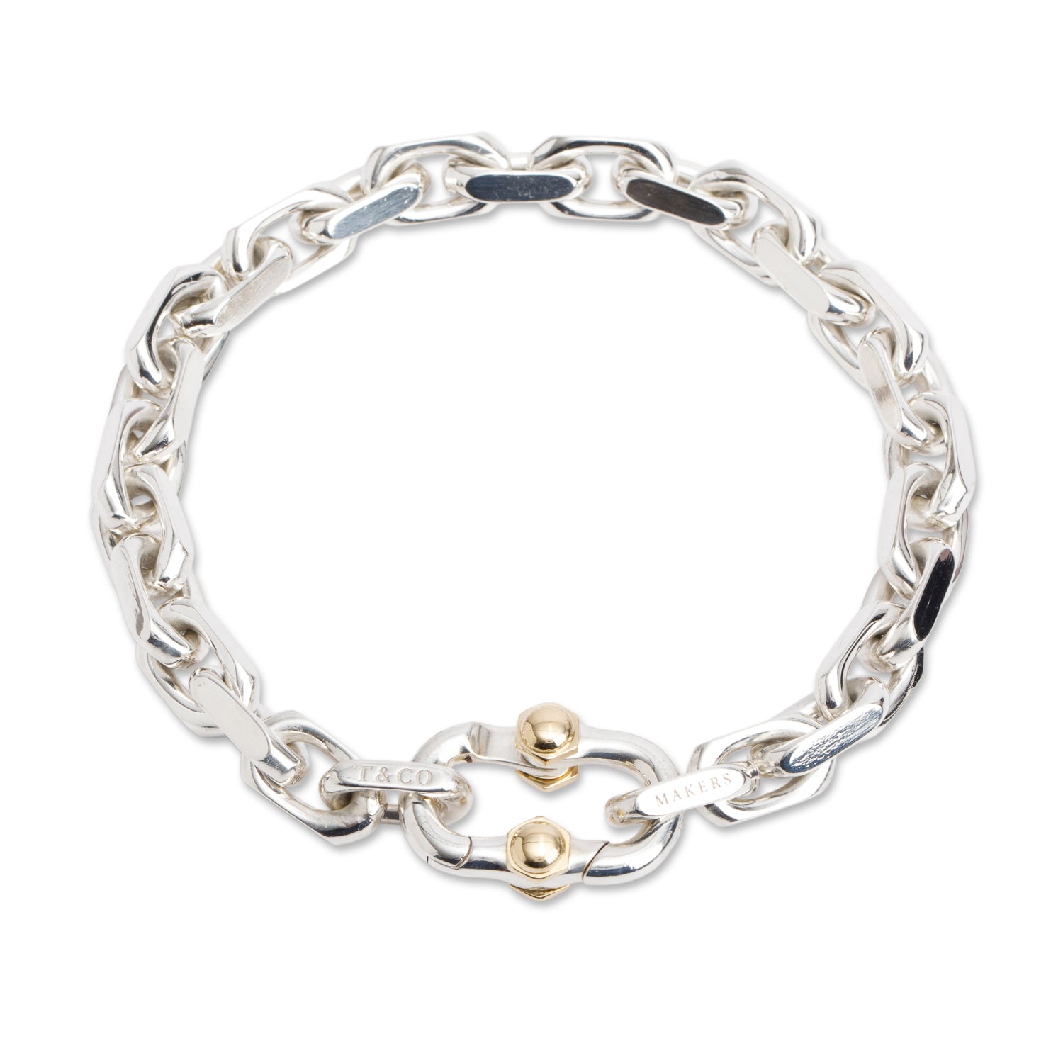 Tiffany & Co. Sterling Silver & 18k Yellow Gold Makers Wide Chain Bracelet w/ Box