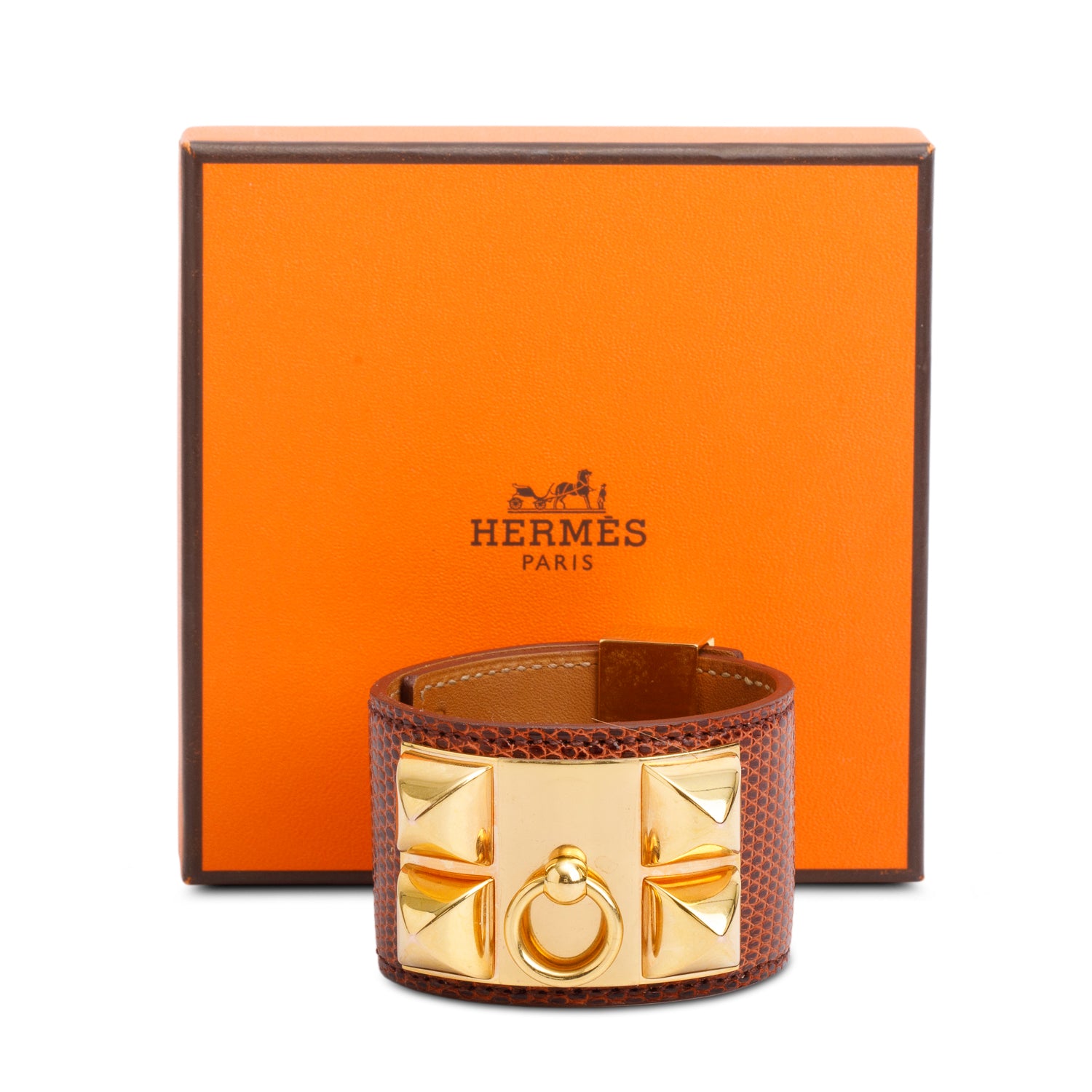 Hermes Gold Plated Lizard Collier de Chien Bracelet w/ Box