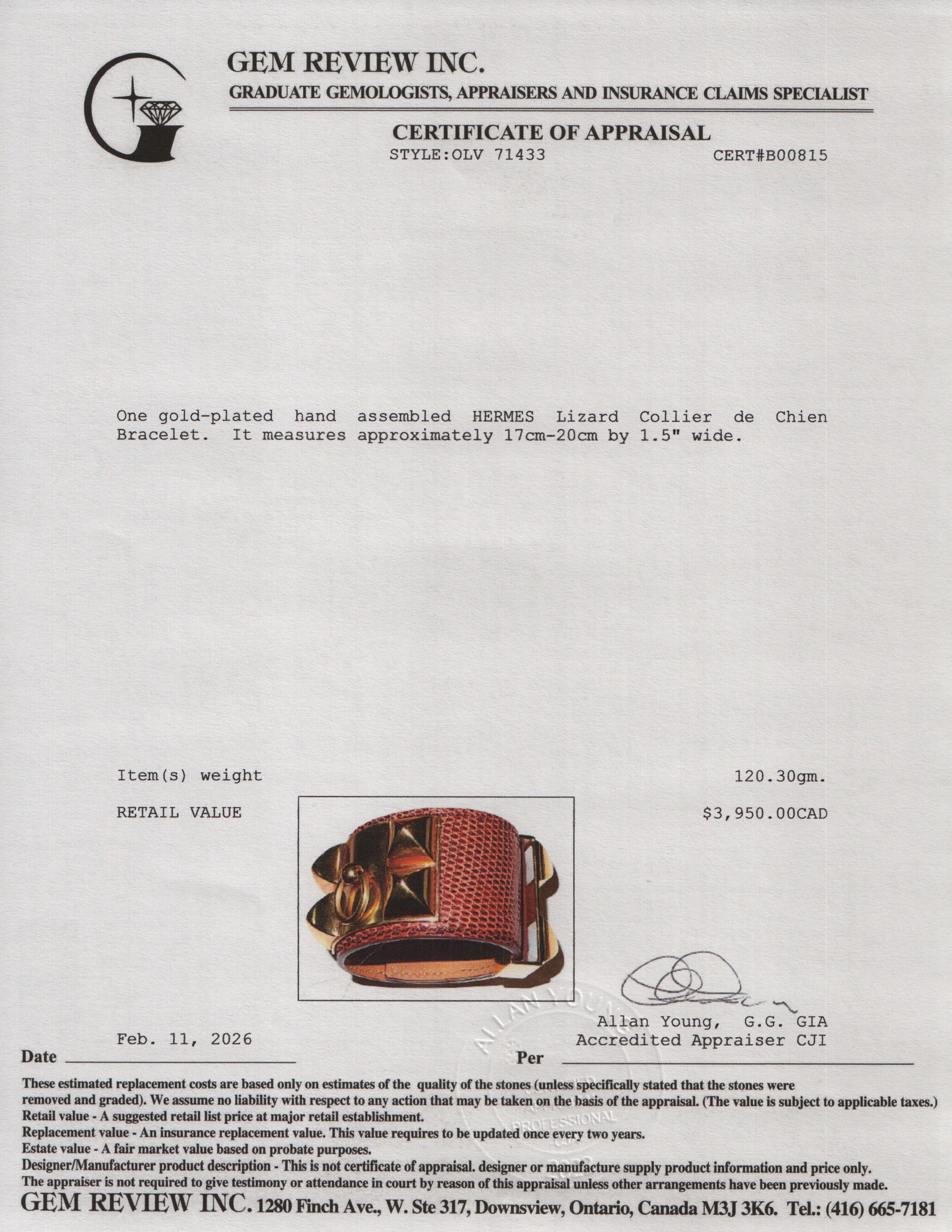 Hermes Gold Plated Lizard Collier de Chien Bracelet w/ Box