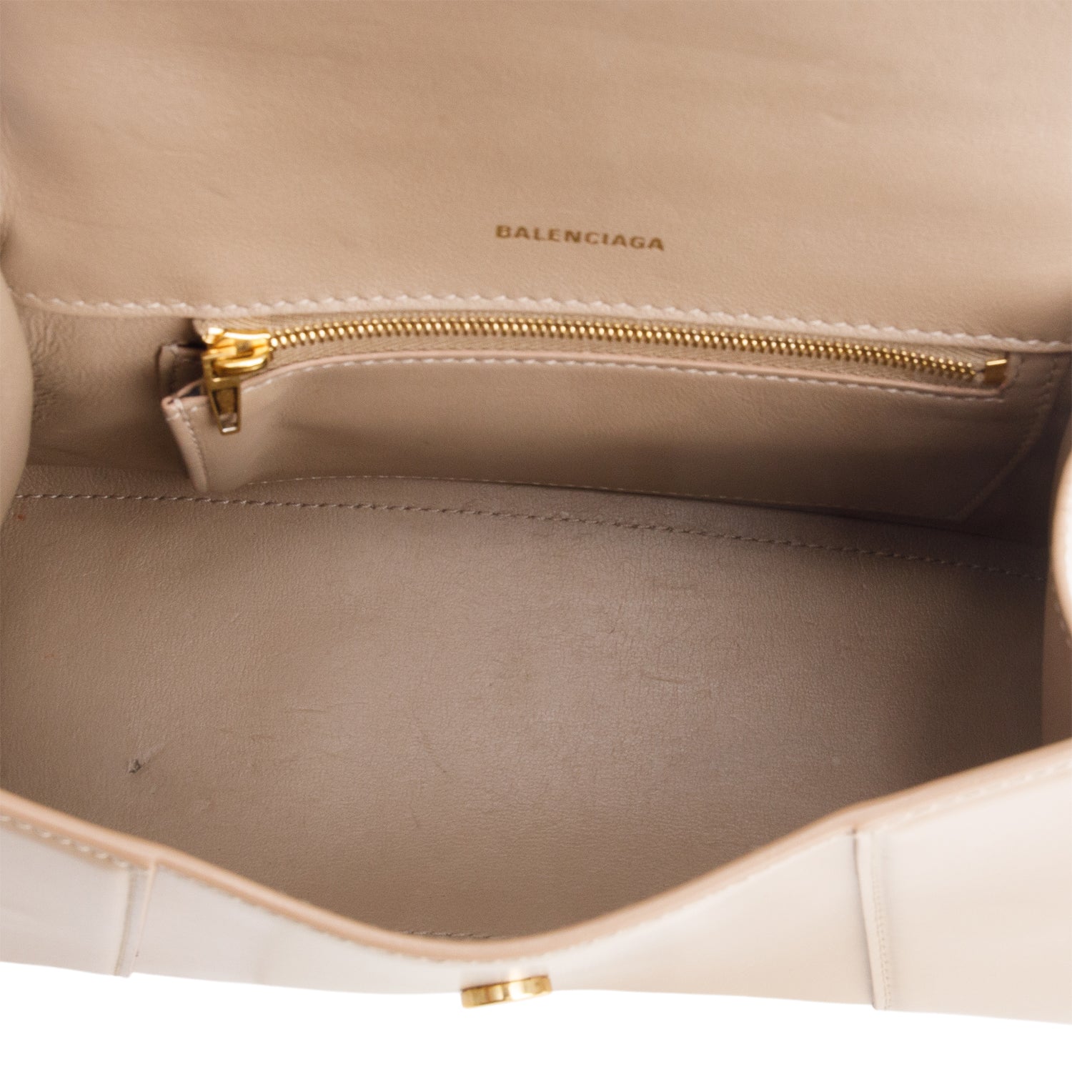 Balenciaga Beige Shiny Calfskin Small Hourglass Top Handle Bag w/ Strap