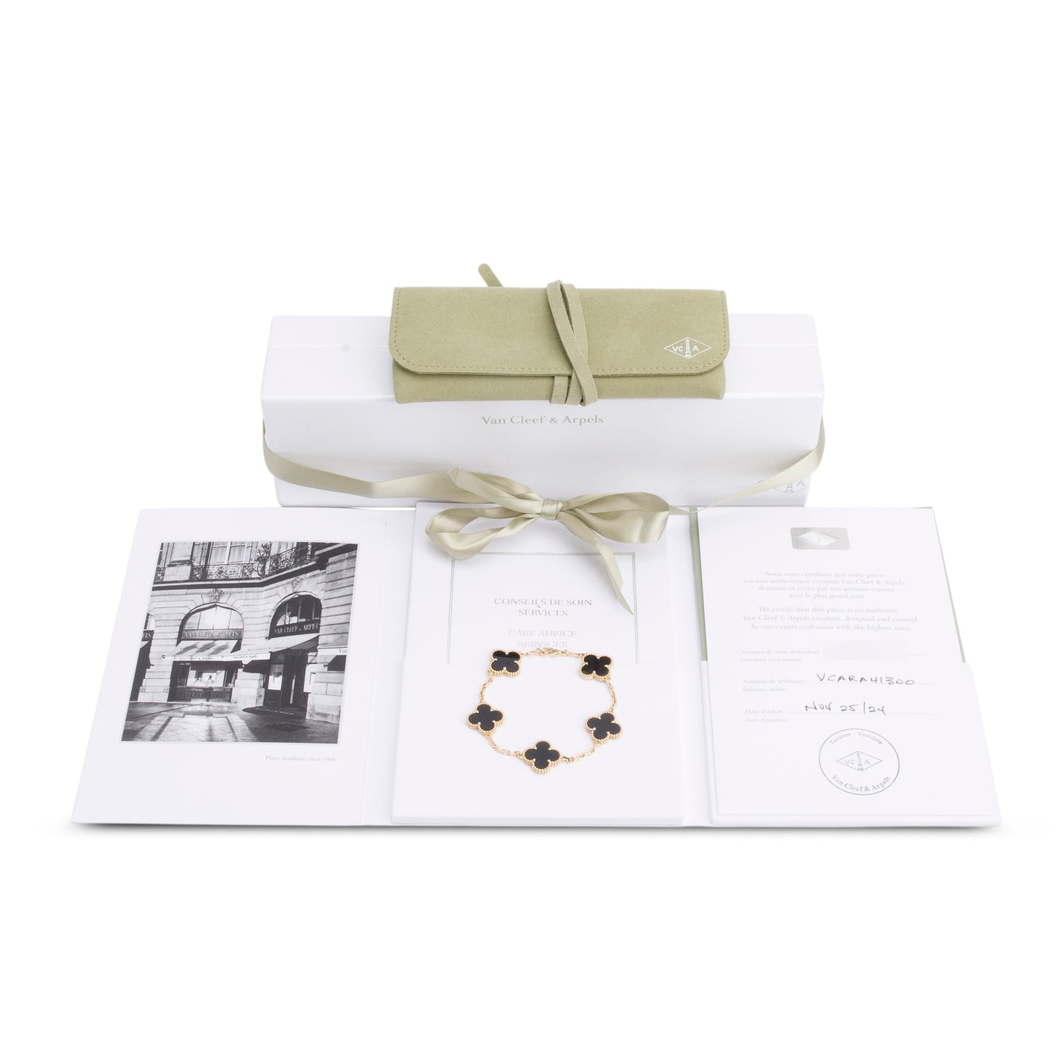 Van Cleef & Arpels 2024 18k Yellow Gold Vintage Alhambra 5 Motif Onyx Bracelet w/ Box, Receipt & Certificate