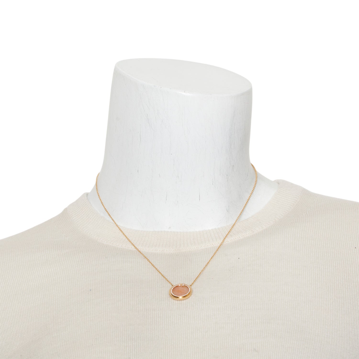 Tiffany & Co. 18k Yellow Gold Diamond & Pink Opal 16 MM Circle Pendant Necklace w/ Box
