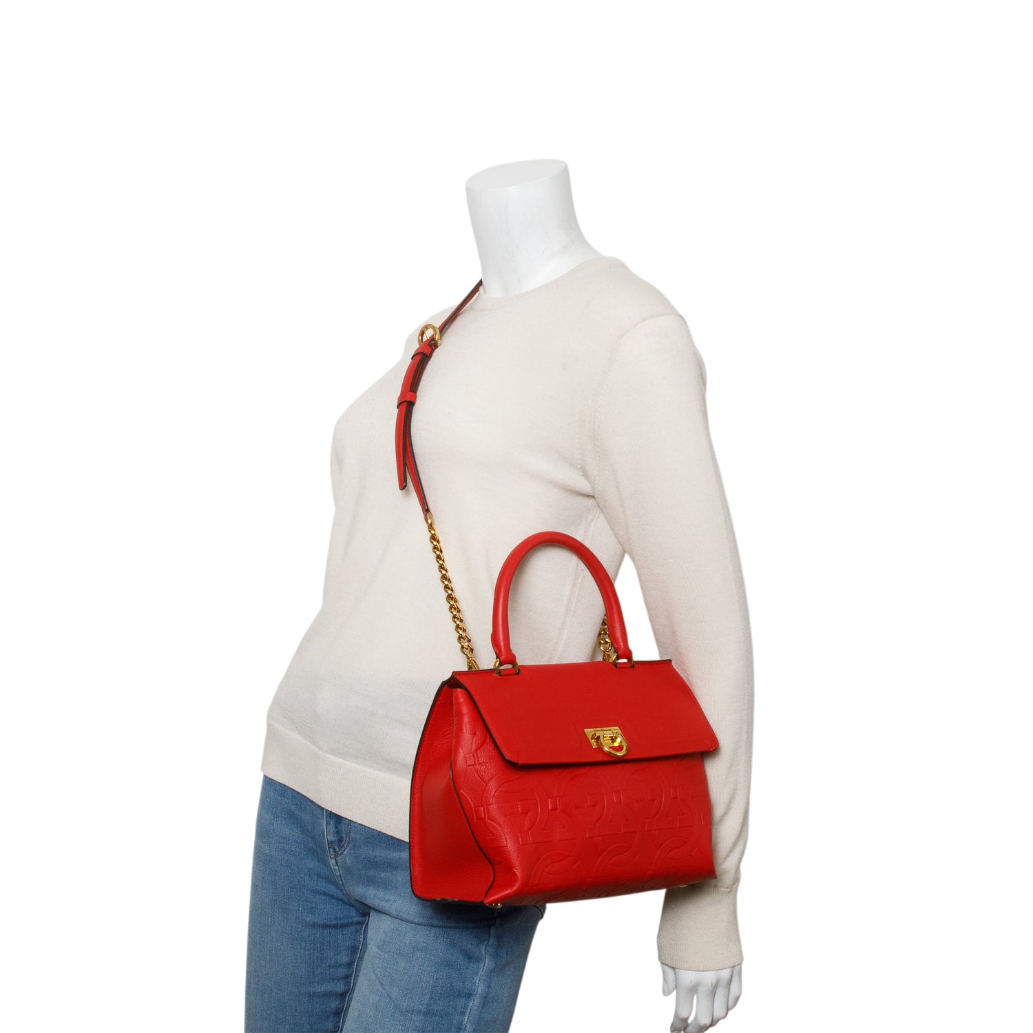 Salvatore Ferragamo Red Leather Trifolio Top Handle Bag w/ Strap