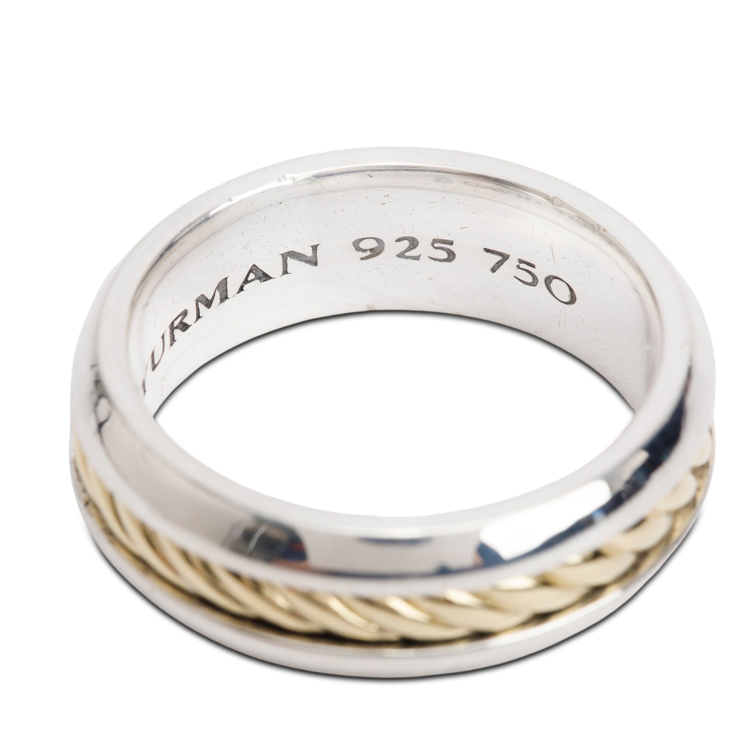 David Yurman Sterling Silver & 18k Yellow Gold Cable Insert 8 MM Band Ring, Size 10 w/ Box