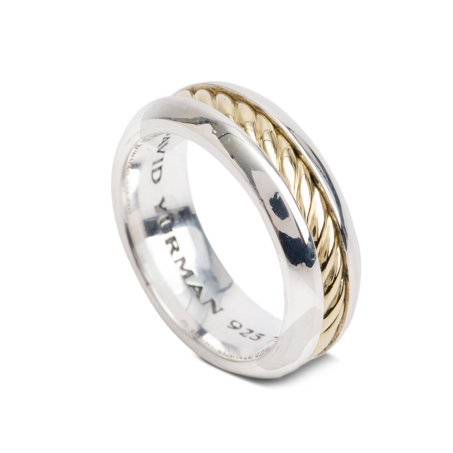 David Yurman Sterling Silver & 18k Yellow Gold Cable Insert 8 MM Band Ring, Size 10 w/ Box