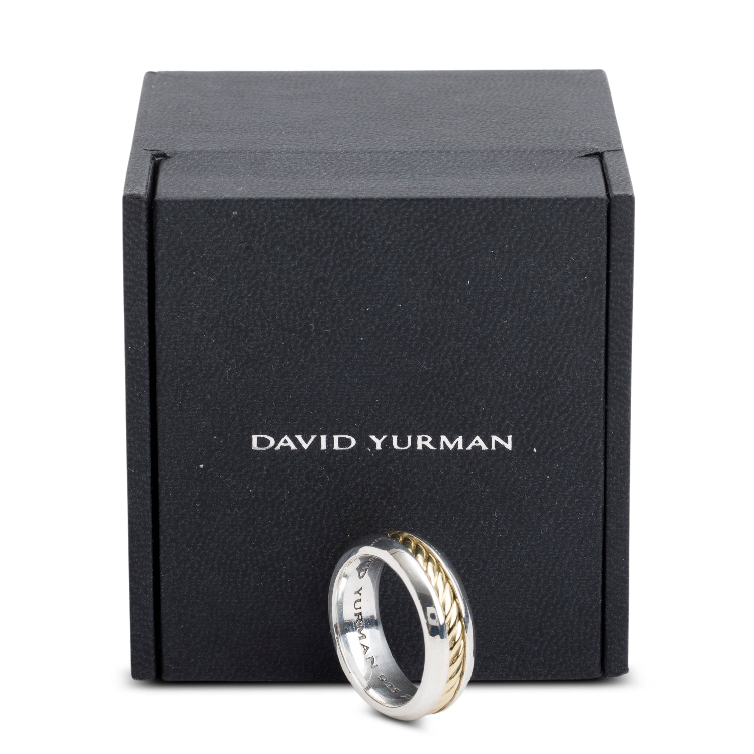 David Yurman Sterling Silver & 18k Yellow Gold Cable Insert 8 MM Band Ring, Size 10 w/ Box
