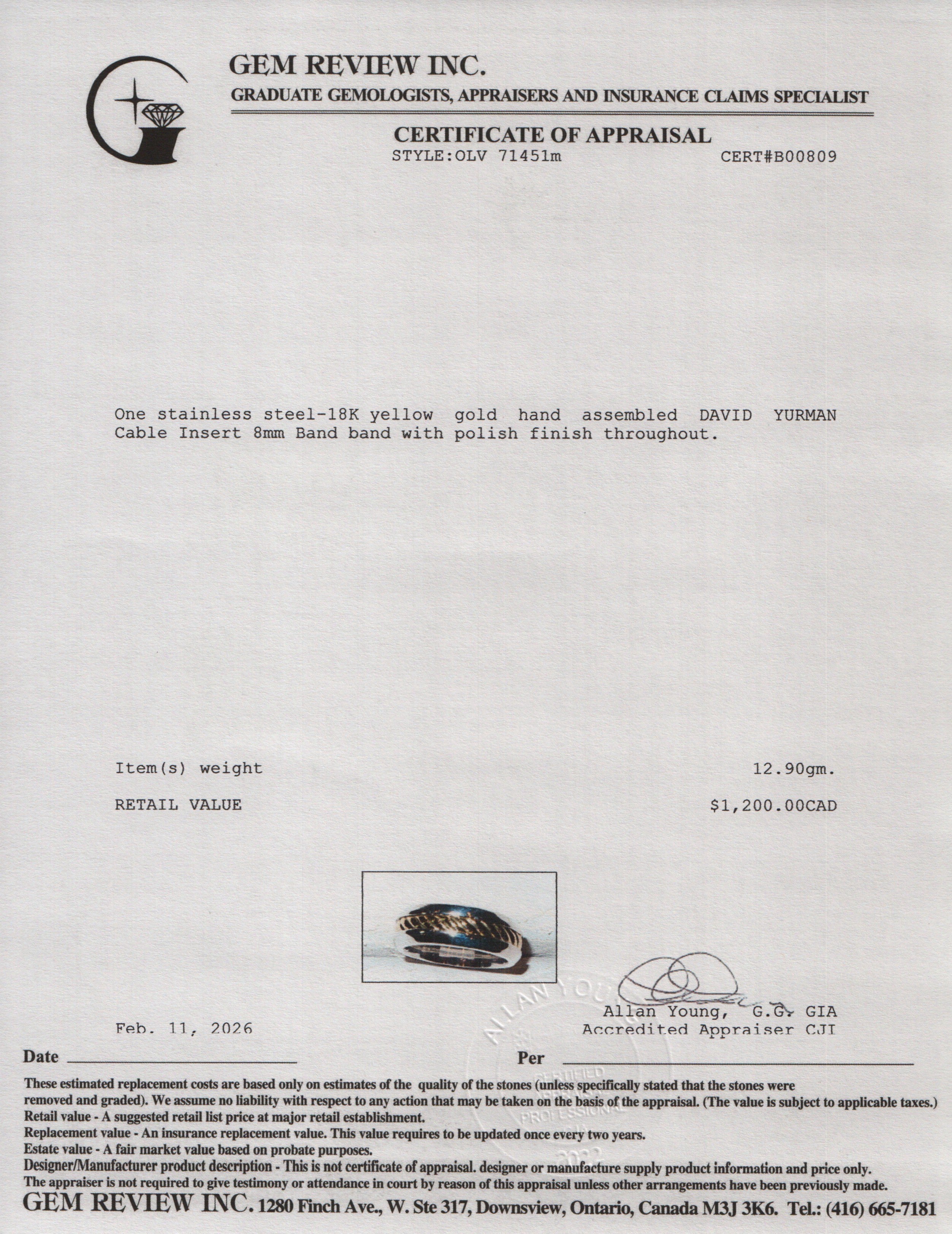 David Yurman Sterling Silver & 18k Yellow Gold Cable Insert 8 MM Band Ring, Size 10 w/ Box