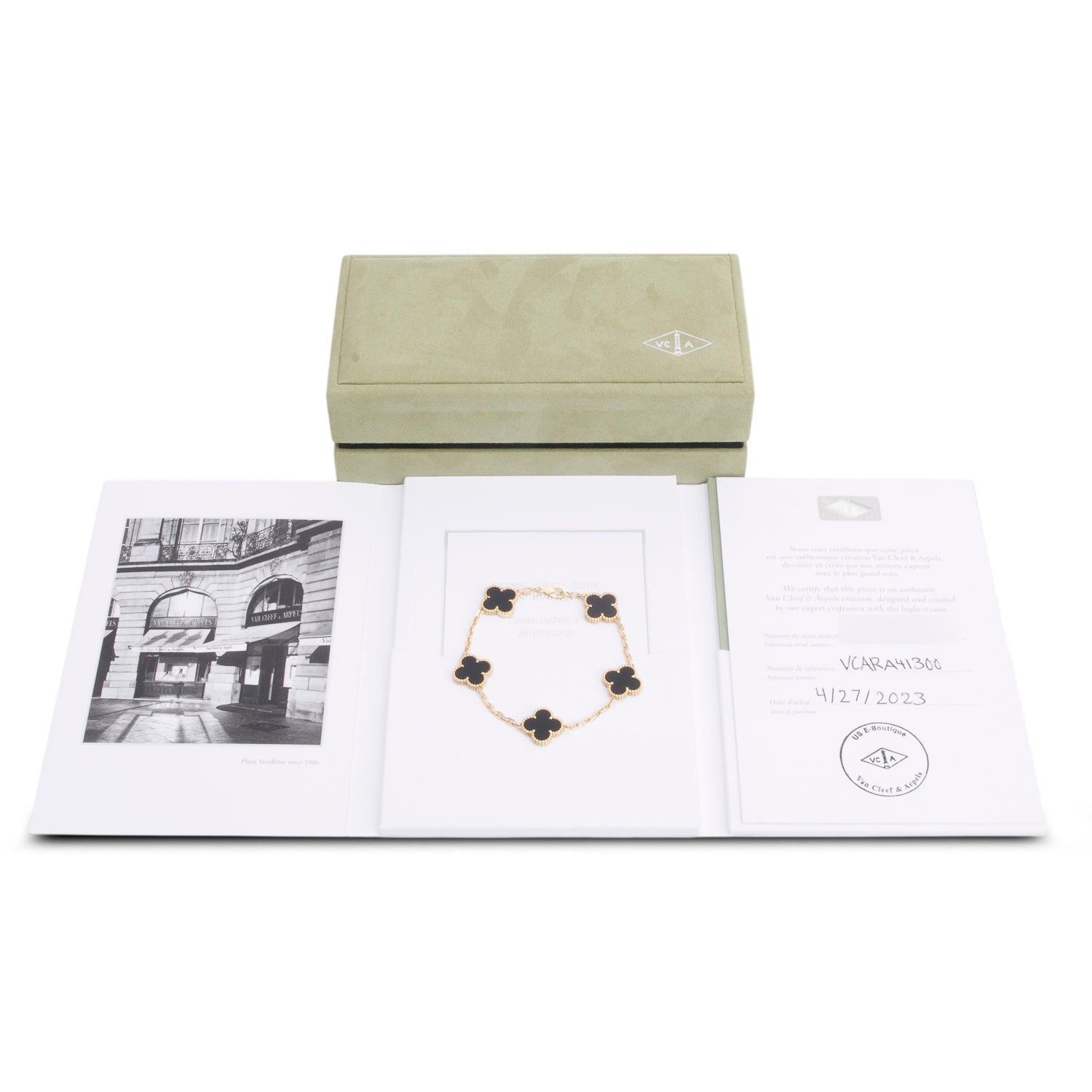Van Cleef & Arpels 2023 18k Yellow Gold Vintage Alhambra 5 Motif Onyx Bracelet w/ Box & Certificate